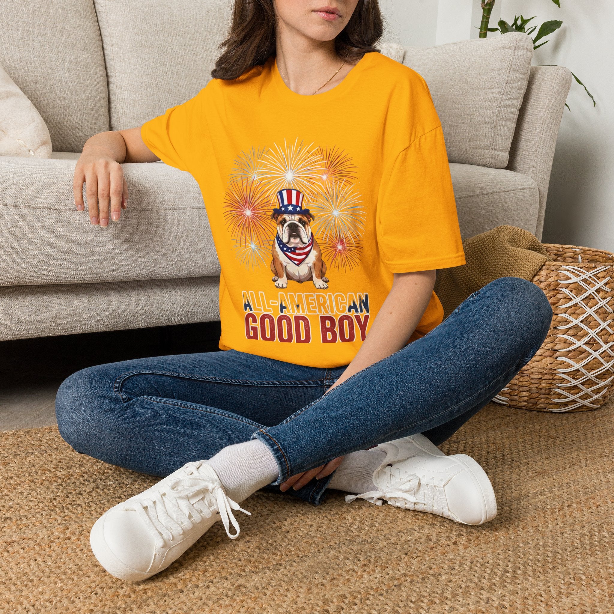 All-American Good Boy Bulldog T-Shirt | Patriotic Fireworks July 4th Tee