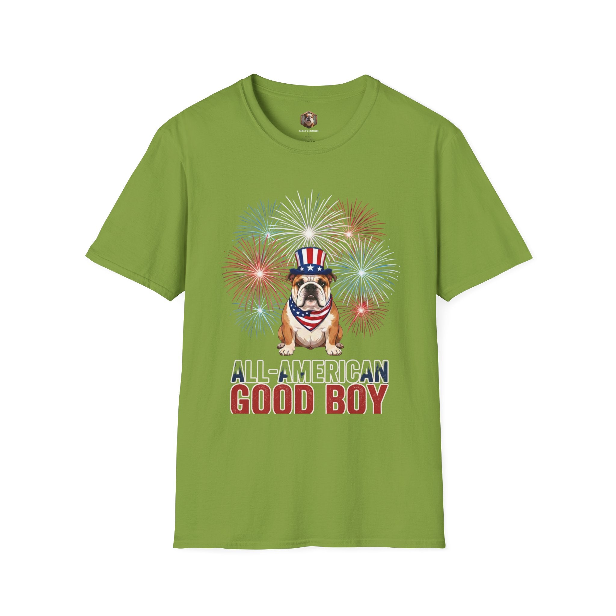 All-American Good Boy Bulldog T-Shirt | Patriotic Fireworks July 4th Tee