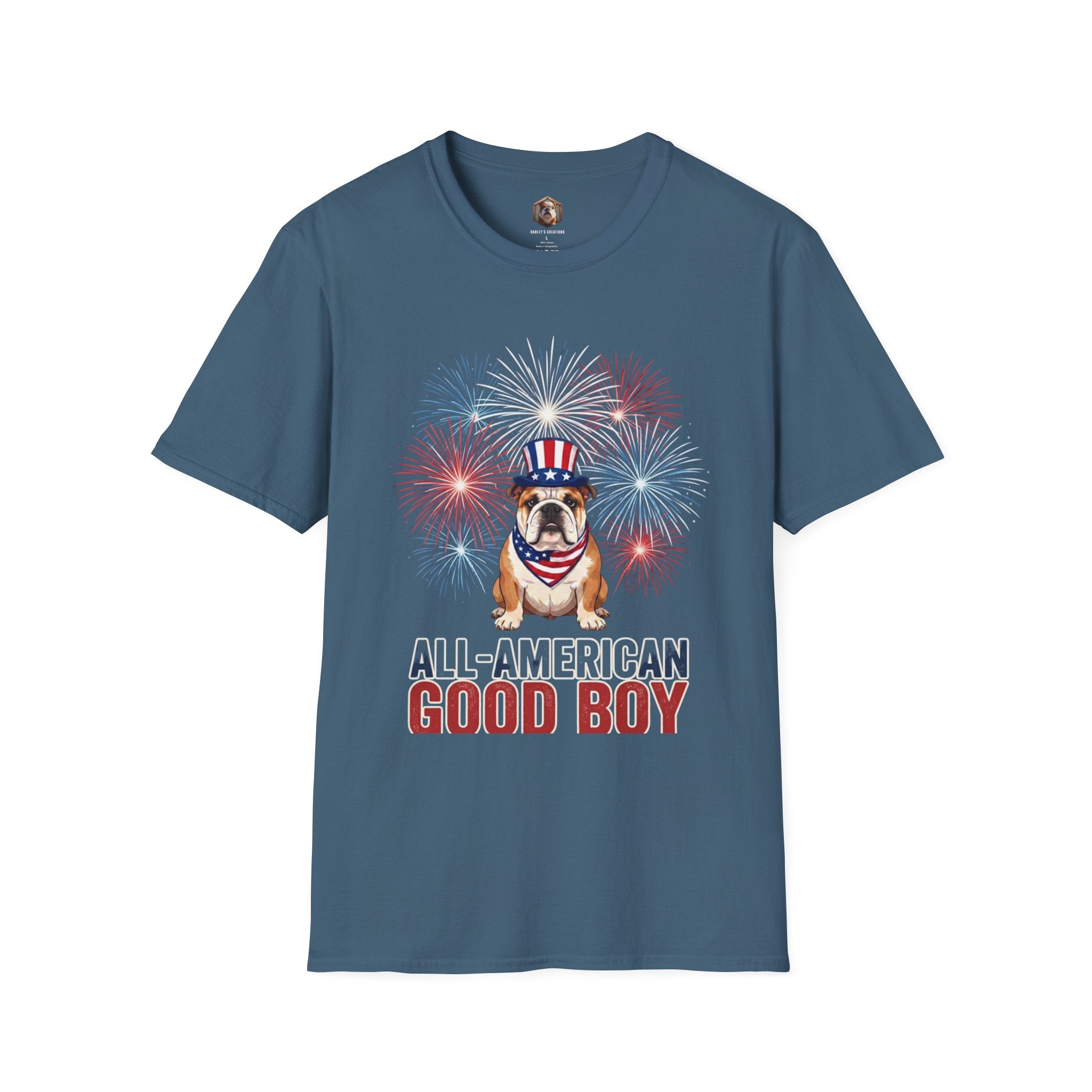 All-American Good Boy Bulldog T-Shirt | Patriotic Fireworks July 4th Tee