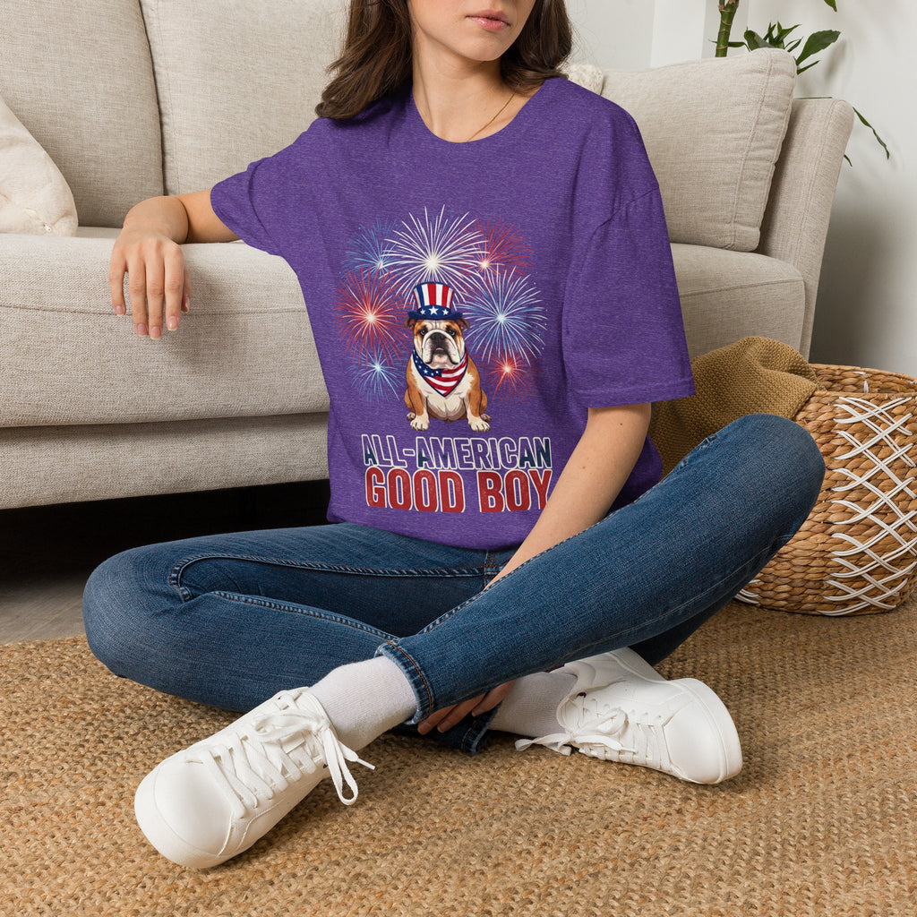 All-American Good Boy Bulldog T-Shirt | Patriotic Fireworks July 4th Tee