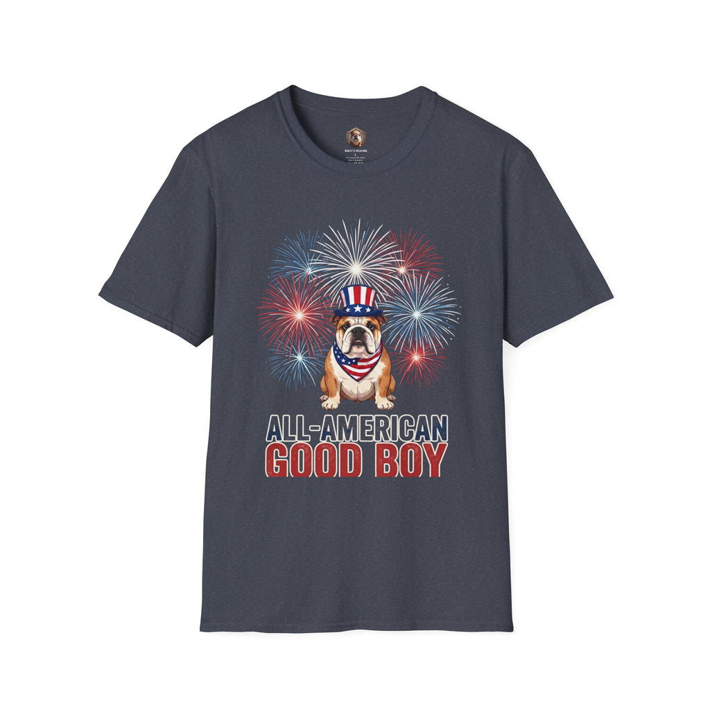 All-American Good Boy Bulldog T-Shirt | Patriotic Fireworks July 4th Tee