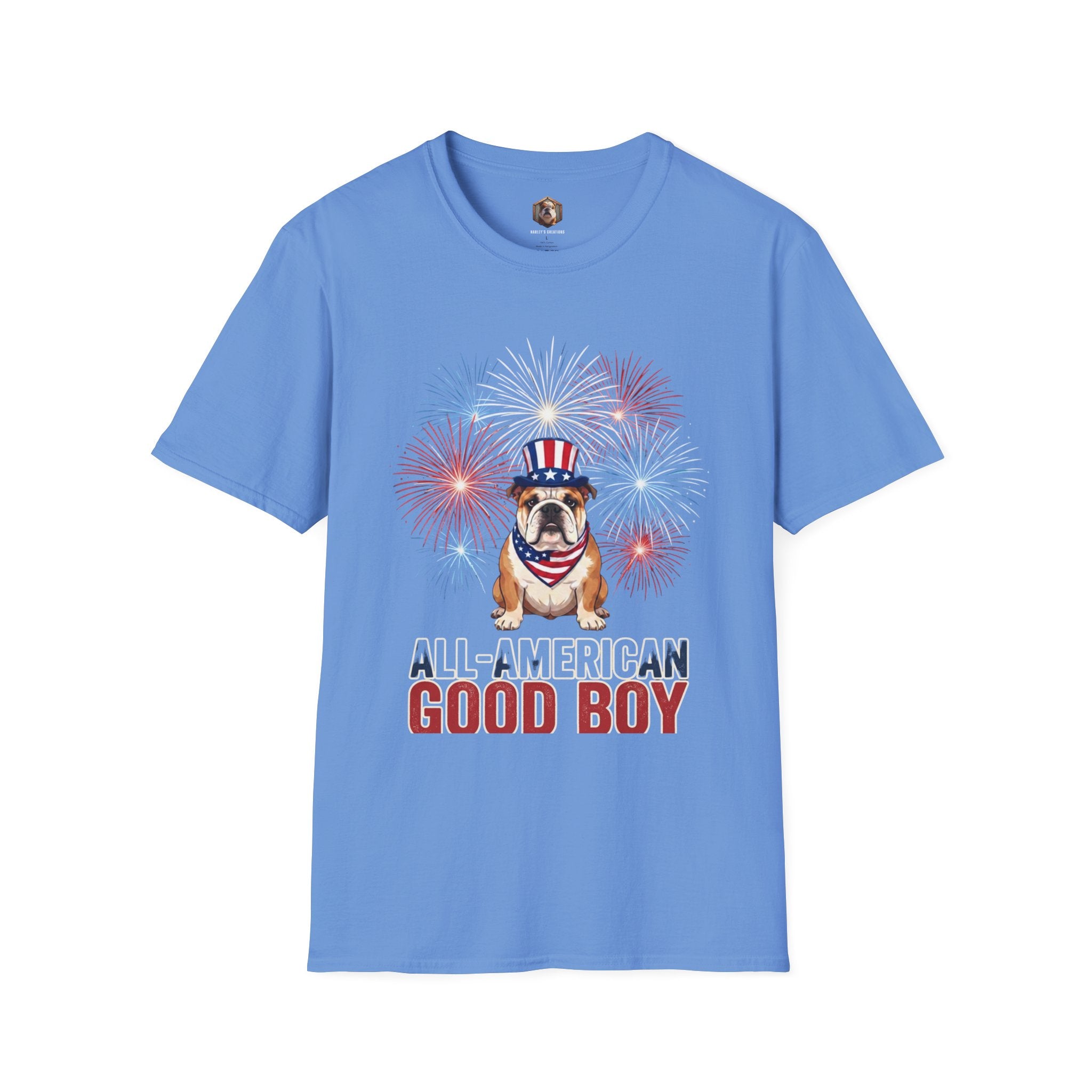 All-American Good Boy Bulldog T-Shirt | Patriotic Fireworks July 4th Tee