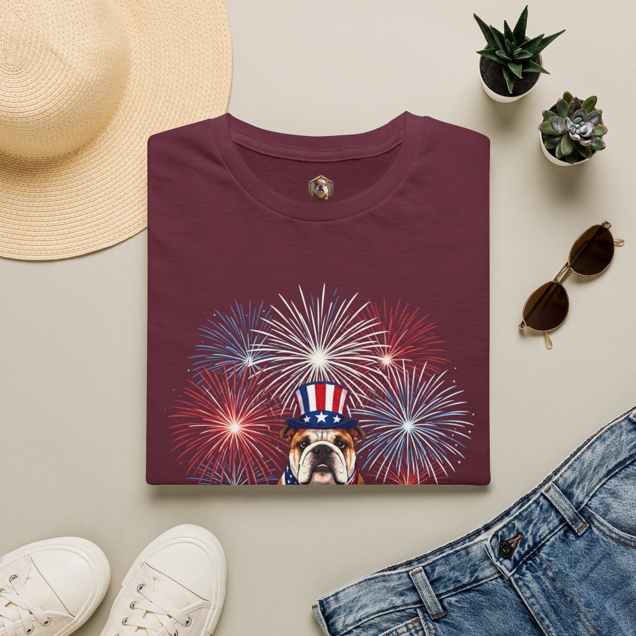 All-American Good Boy Bulldog T-Shirt | Patriotic Fireworks July 4th Tee