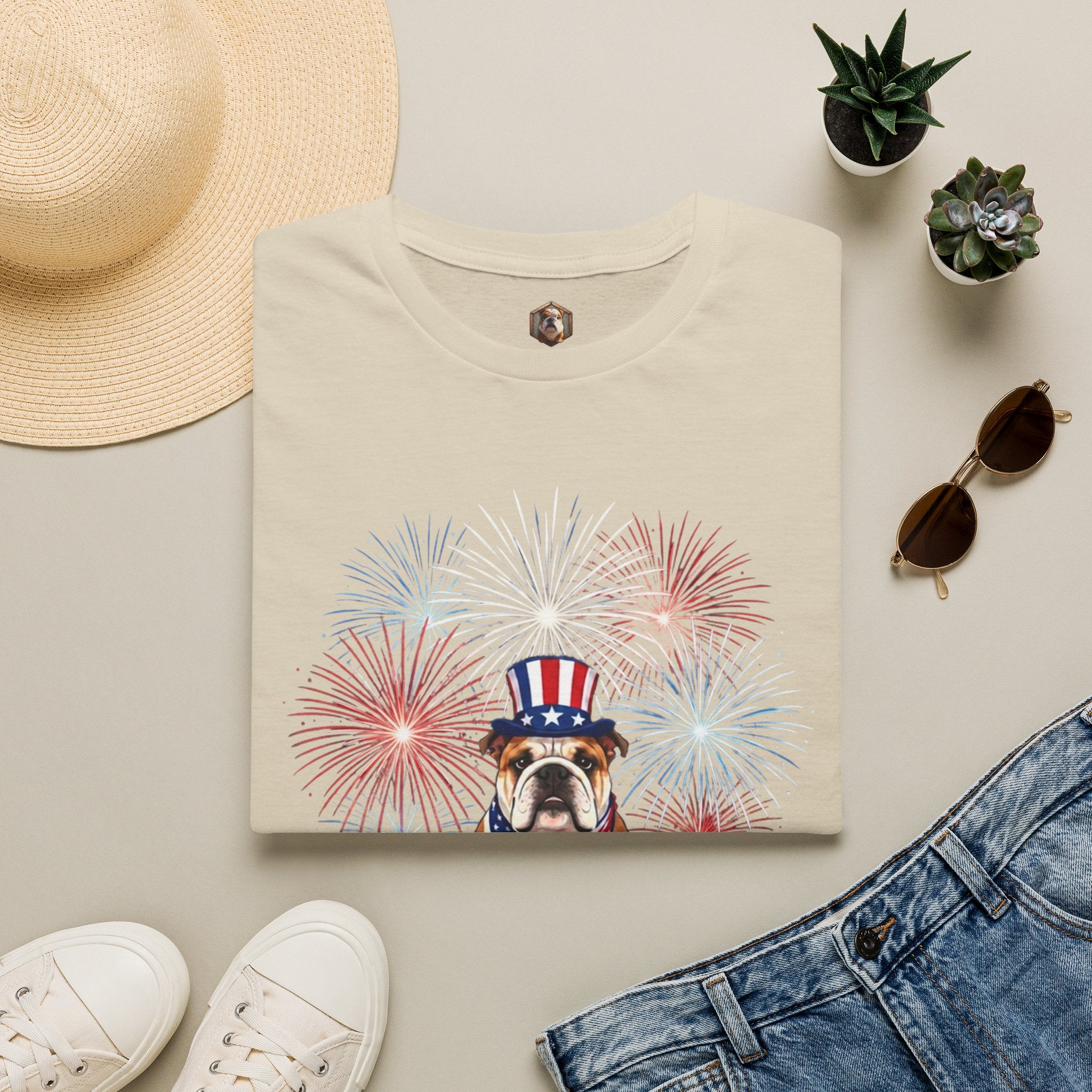 All-American Good Boy Bulldog T-Shirt | Patriotic Fireworks July 4th Tee