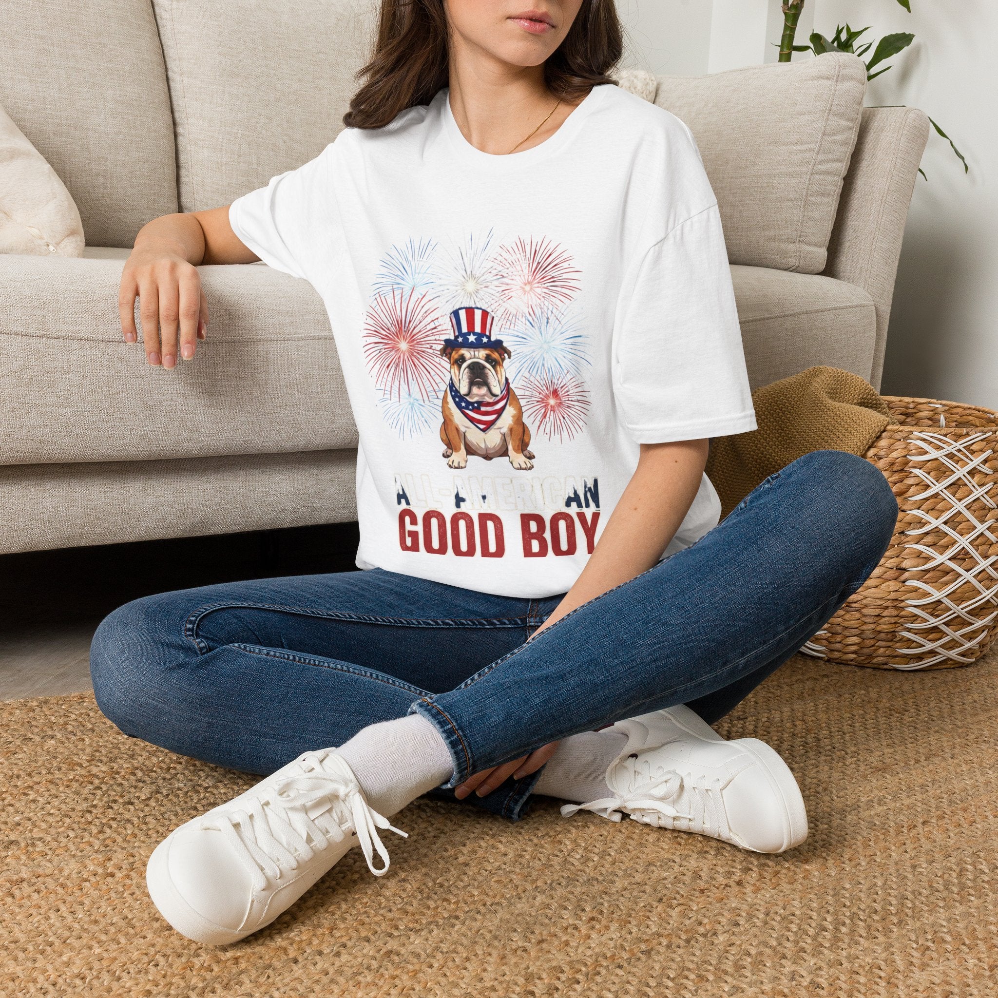 All-American Good Boy Bulldog T-Shirt | Patriotic Fireworks July 4th Tee