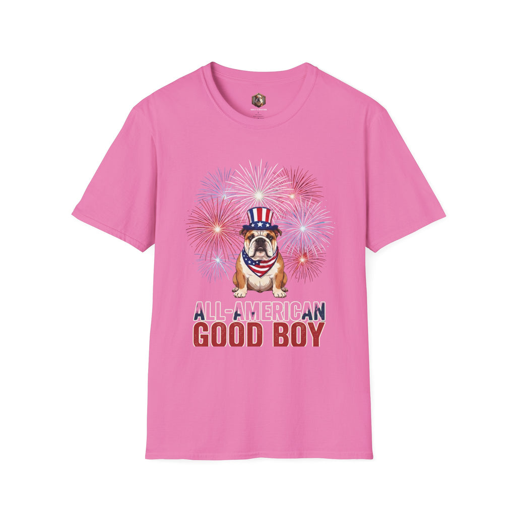 All-American Good Boy Bulldog T-Shirt | Patriotic Fireworks July 4th Tee