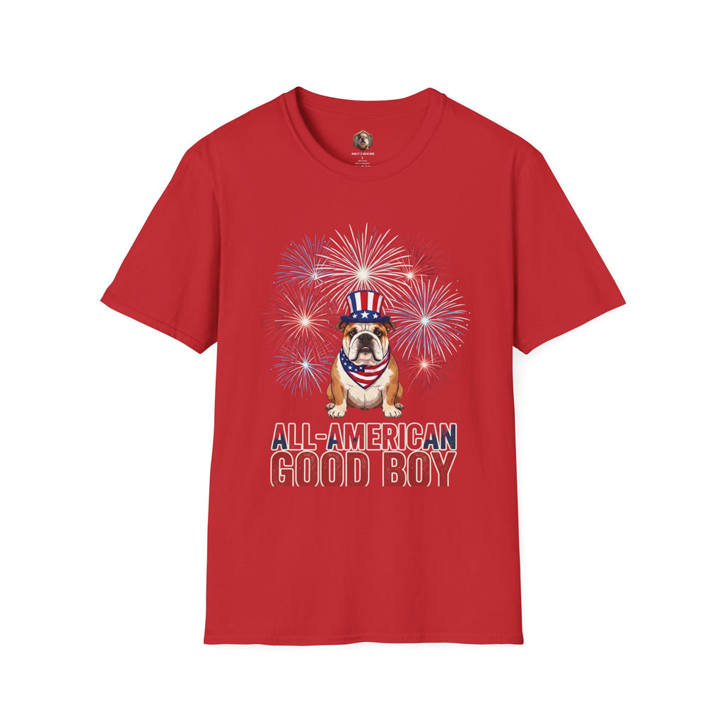 All-American Good Boy Bulldog T-Shirt | Patriotic Fireworks July 4th Tee