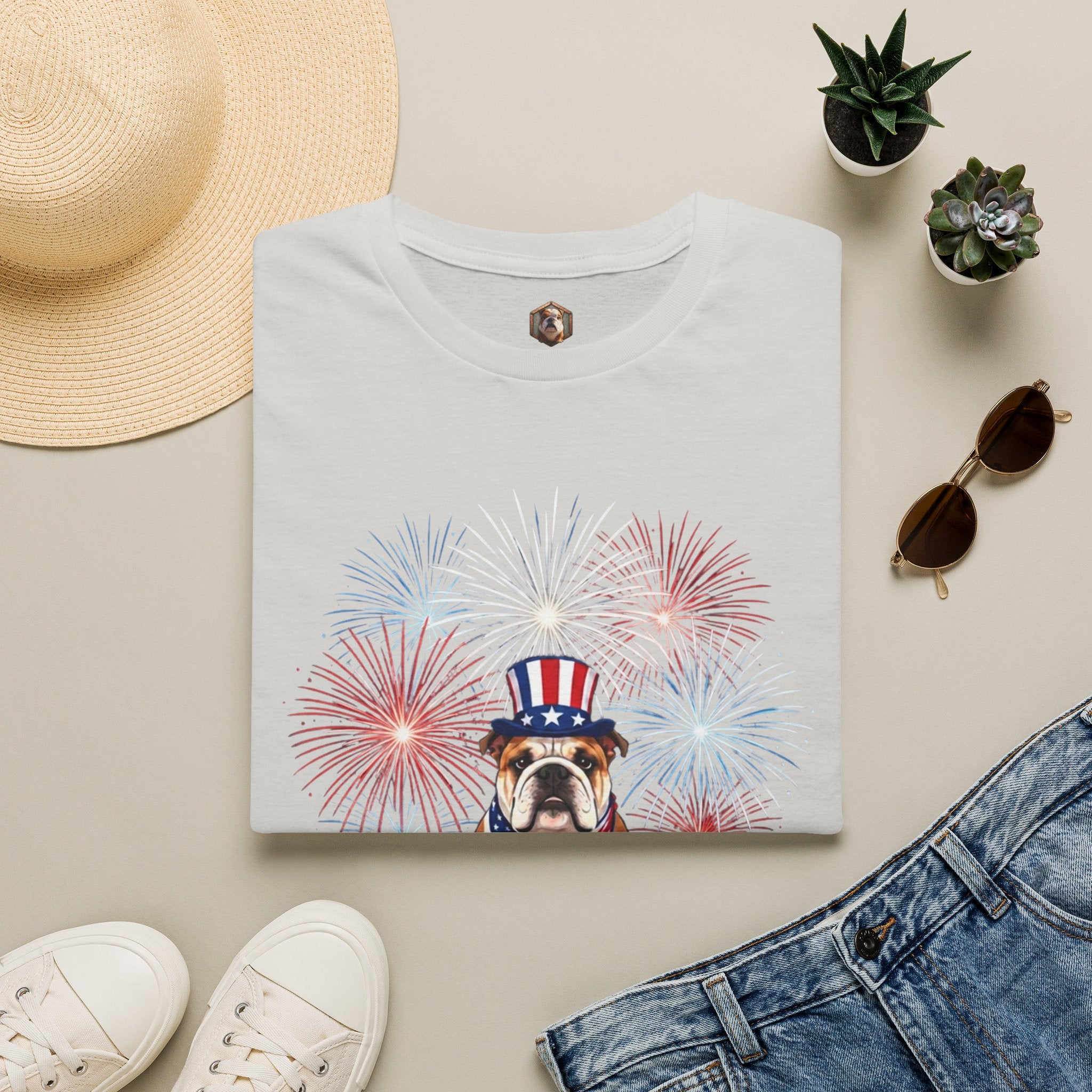 All-American Good Boy Bulldog T-Shirt | Patriotic Fireworks July 4th Tee