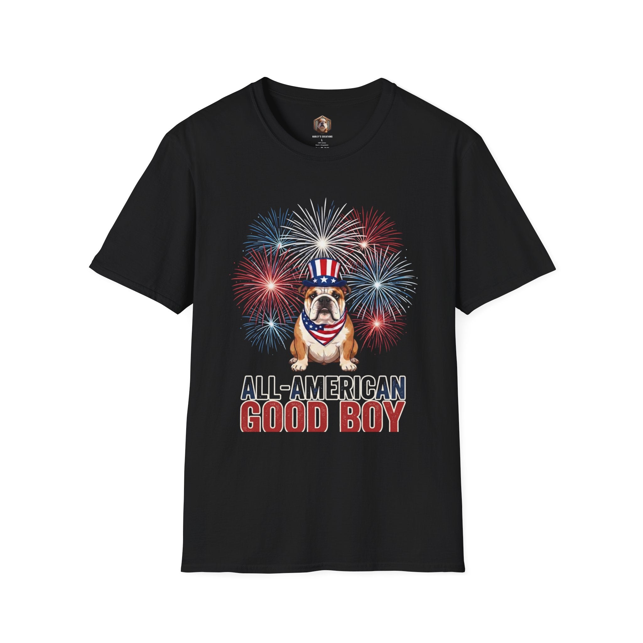 All-American Good Boy Bulldog T-Shirt | Patriotic Fireworks July 4th Tee