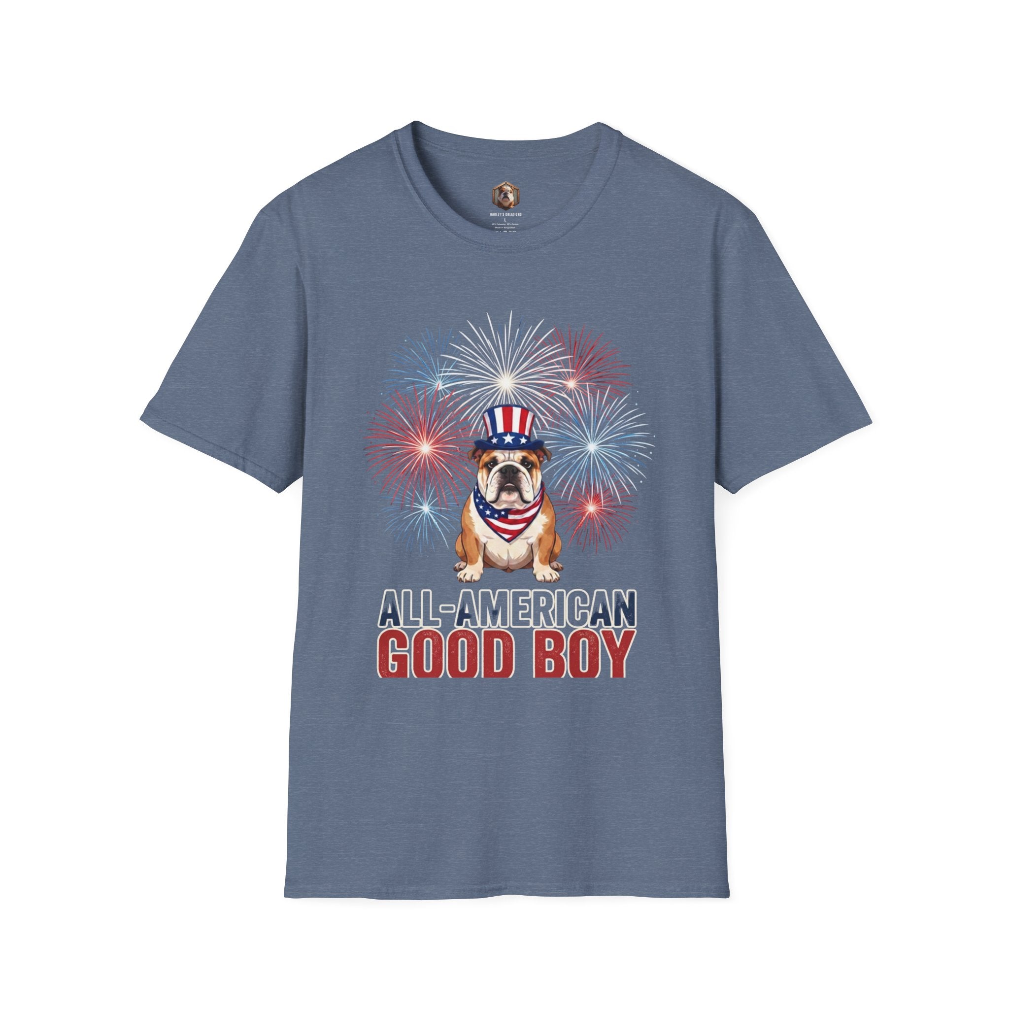 All-American Good Boy Bulldog T-Shirt | Patriotic Fireworks July 4th Tee