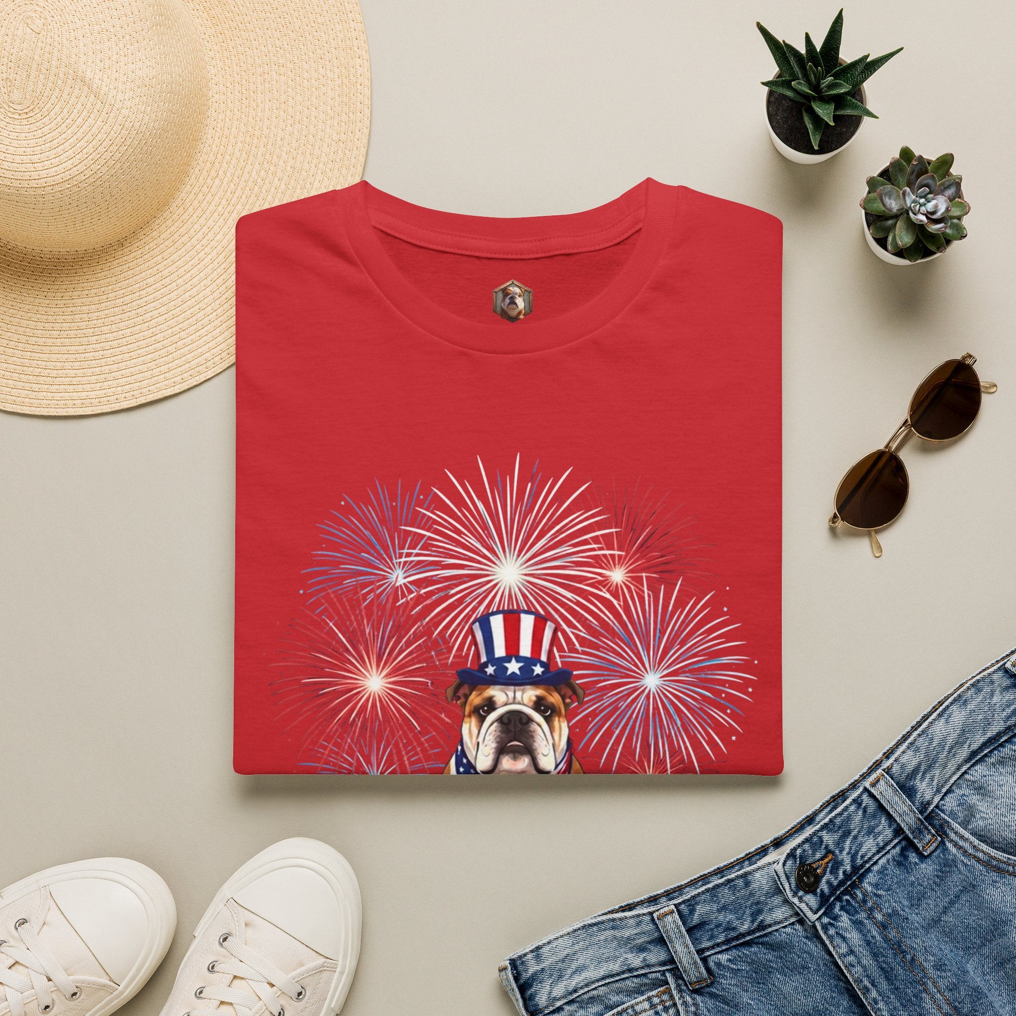 All-American Good Boy Bulldog T-Shirt | Patriotic Fireworks July 4th Tee
