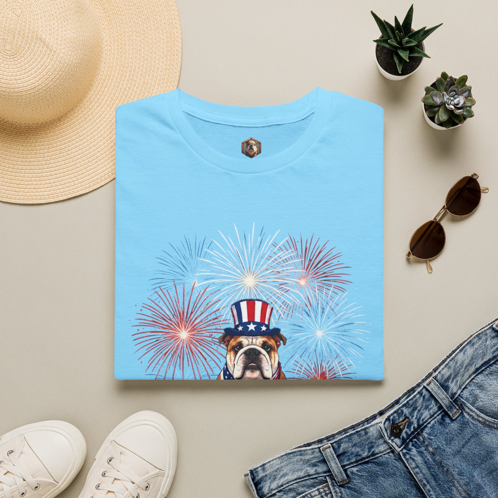 All-American Good Boy Bulldog T-Shirt | Patriotic Fireworks July 4th Tee