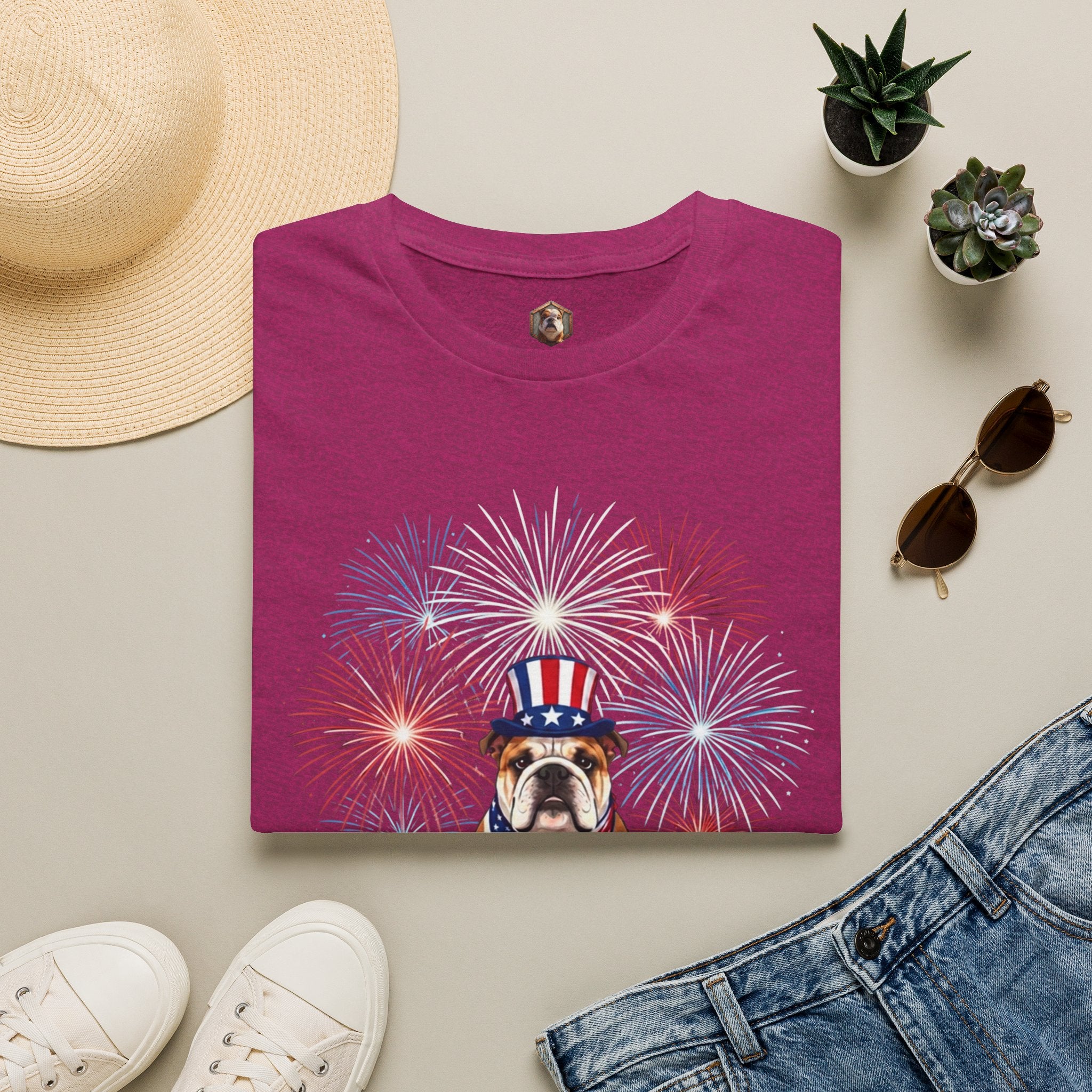 All-American Good Boy Bulldog T-Shirt | Patriotic Fireworks July 4th Tee