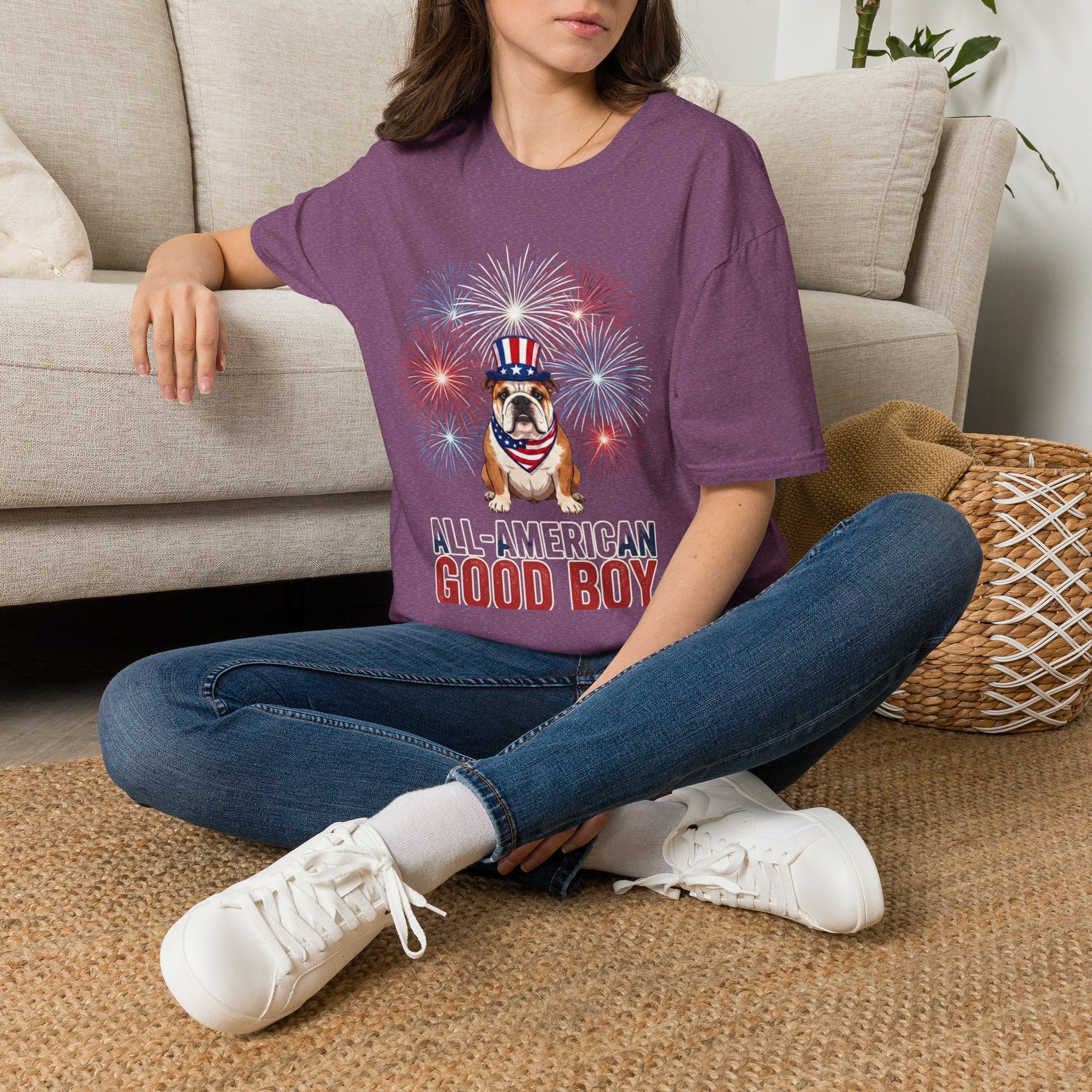 All-American Good Boy Bulldog T-Shirt | Patriotic Fireworks July 4th Tee