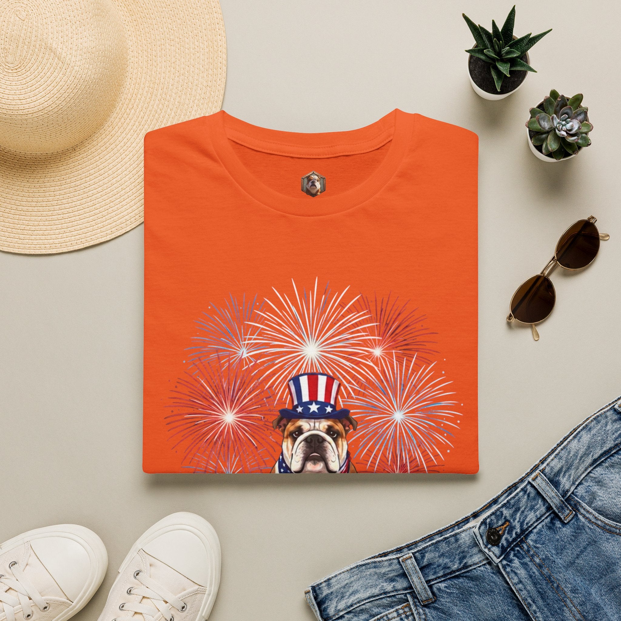 All-American Good Boy Bulldog T-Shirt | Patriotic Fireworks July 4th Tee