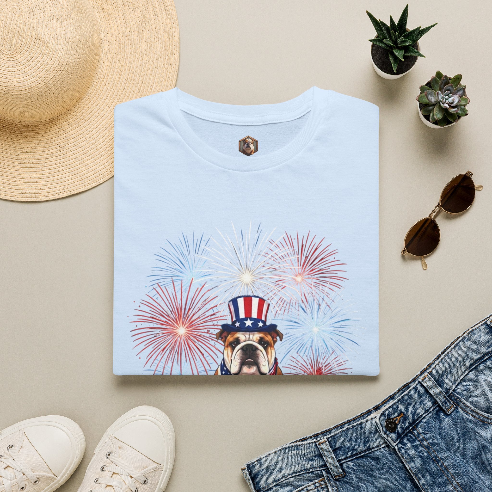 All-American Good Boy Bulldog T-Shirt | Patriotic Fireworks July 4th Tee