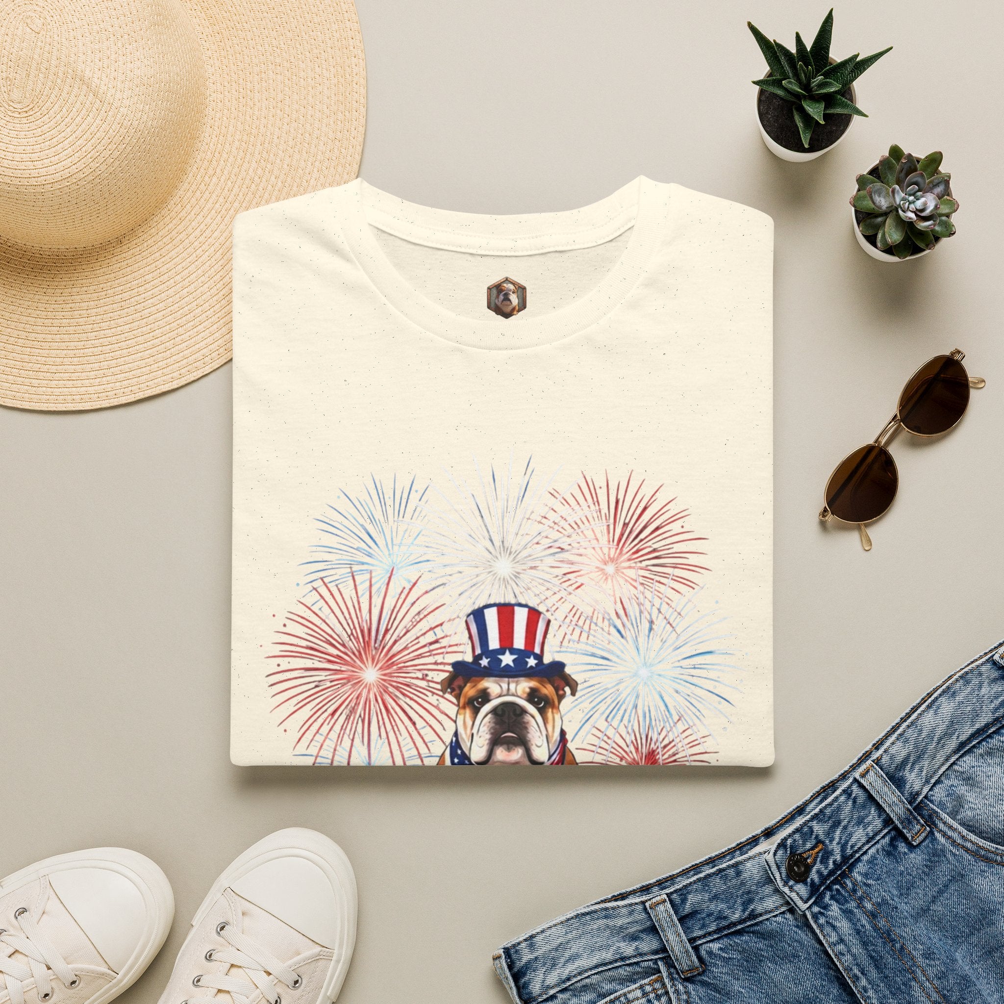 All-American Good Boy Bulldog T-Shirt | Patriotic Fireworks July 4th Tee
