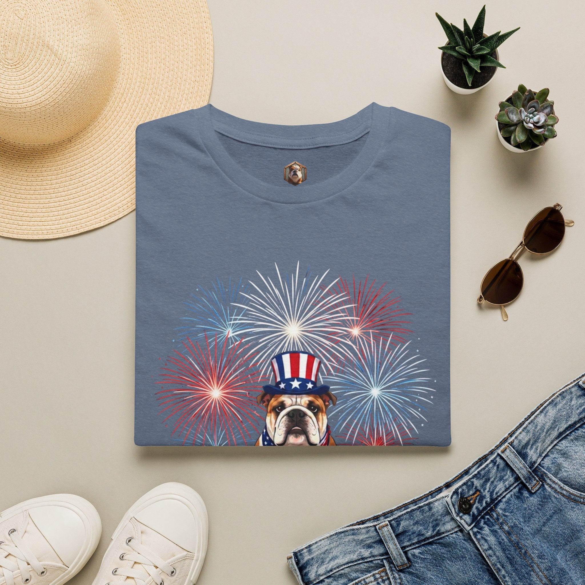 All-American Good Boy Bulldog T-Shirt | Patriotic Fireworks July 4th Tee