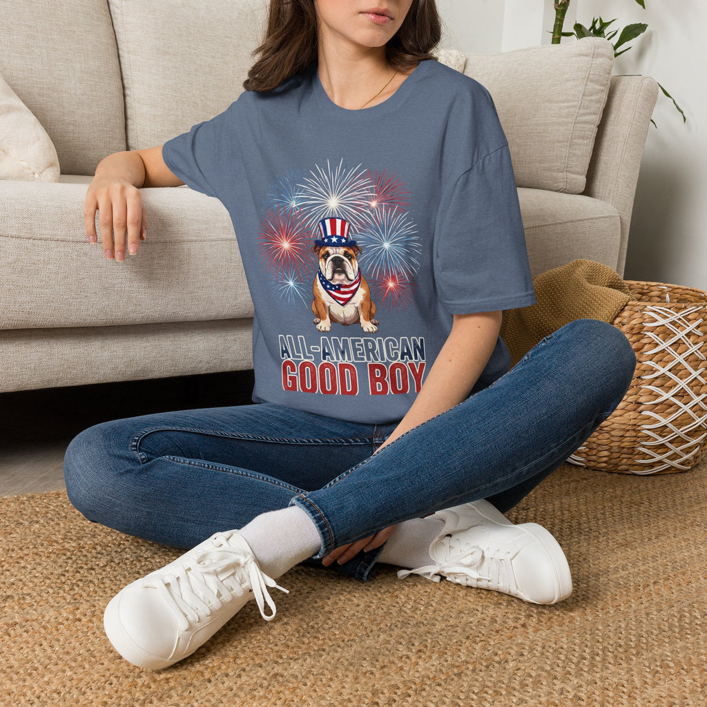 All-American Good Boy Bulldog T-Shirt | Patriotic Fireworks July 4th Tee