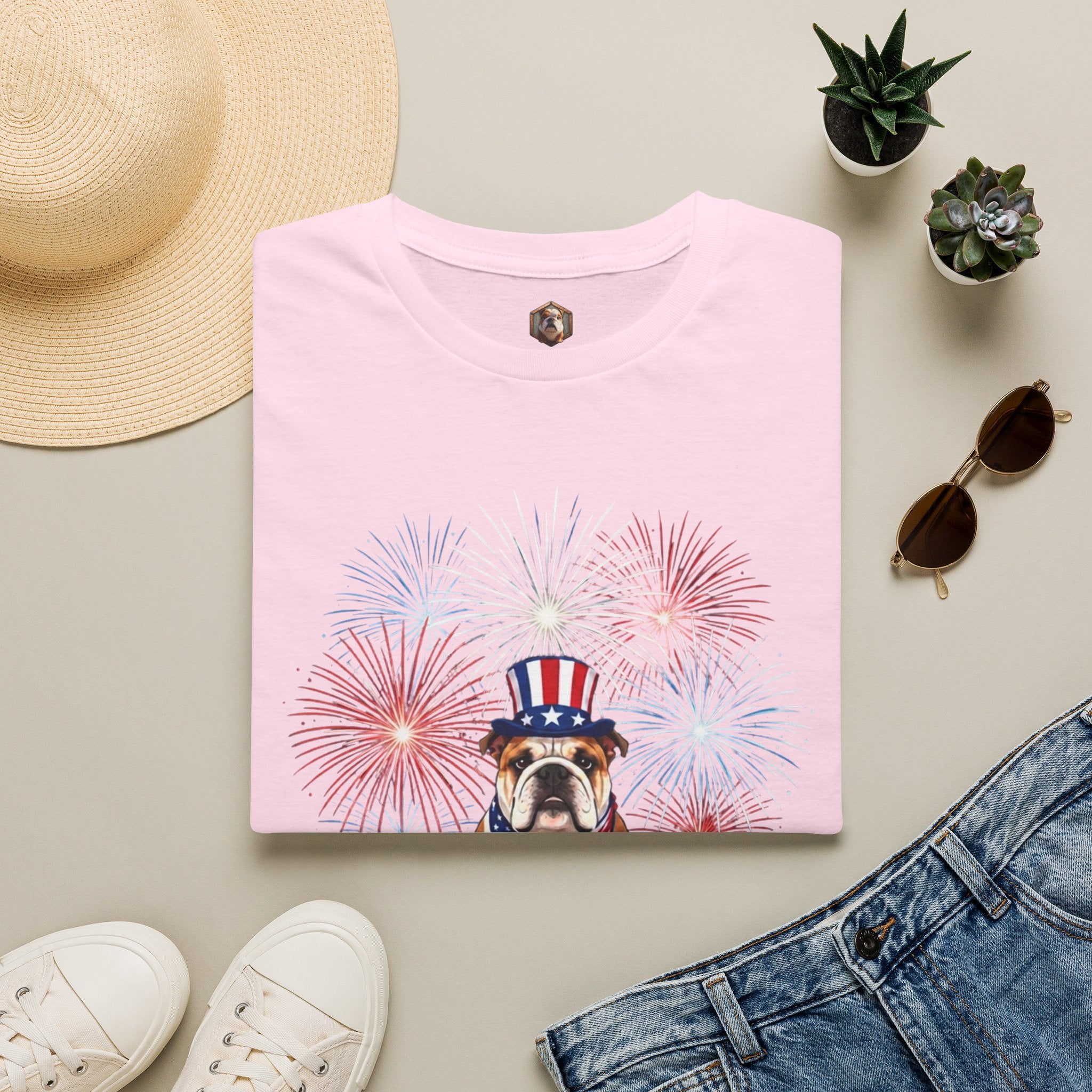 All-American Good Boy Bulldog T-Shirt | Patriotic Fireworks July 4th Tee