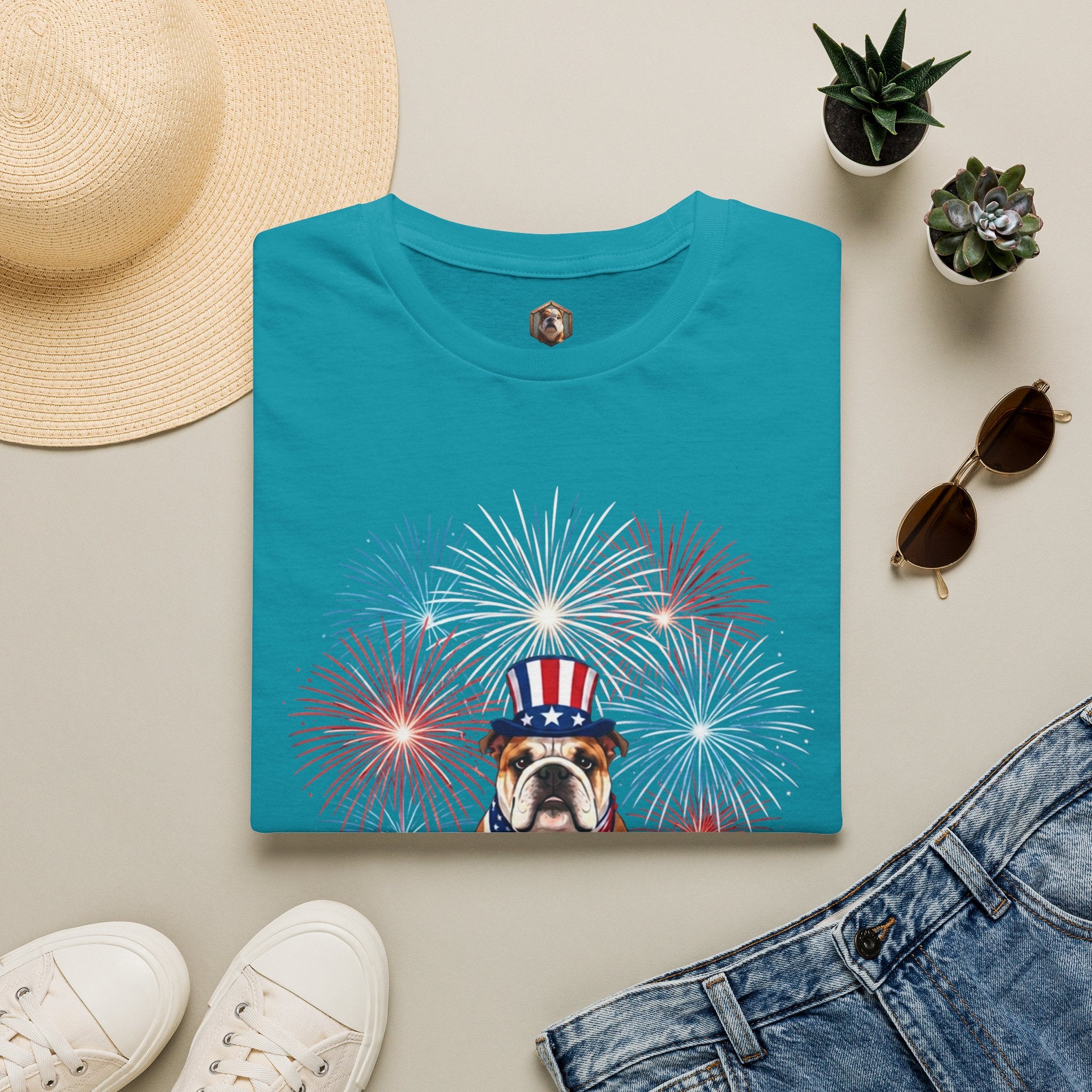 All-American Good Boy Bulldog T-Shirt | Patriotic Fireworks July 4th Tee