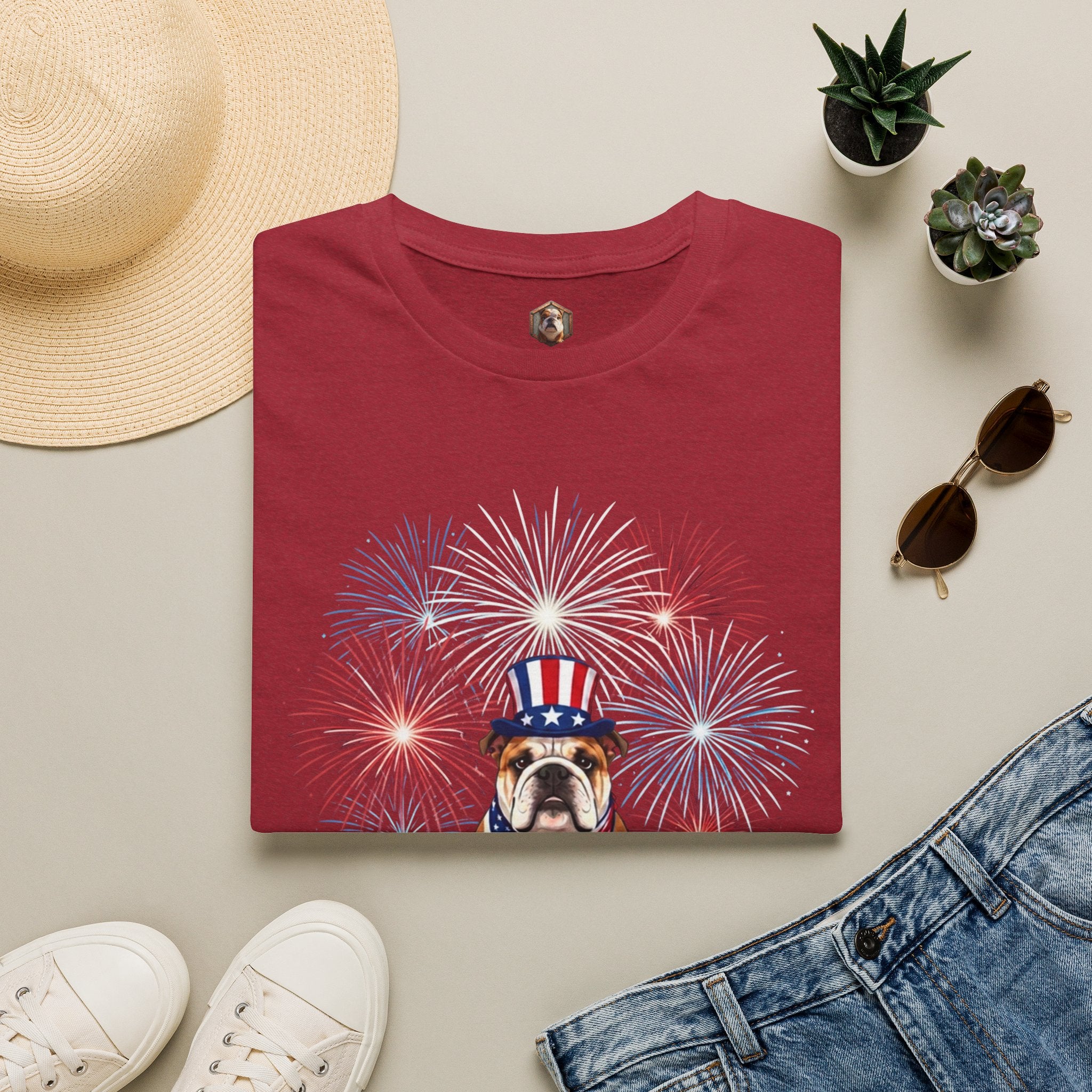 All-American Good Boy Bulldog T-Shirt | Patriotic Fireworks July 4th Tee