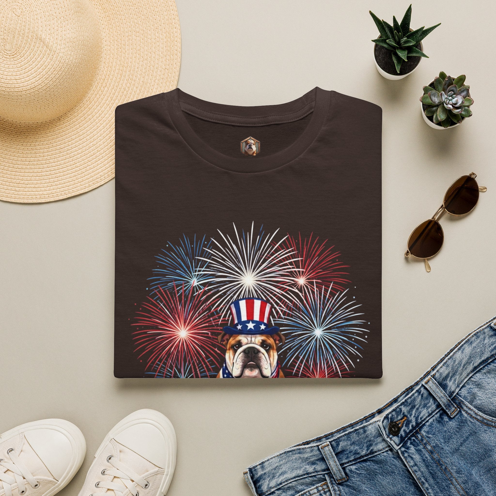 All-American Good Boy Bulldog T-Shirt | Patriotic Fireworks July 4th Tee