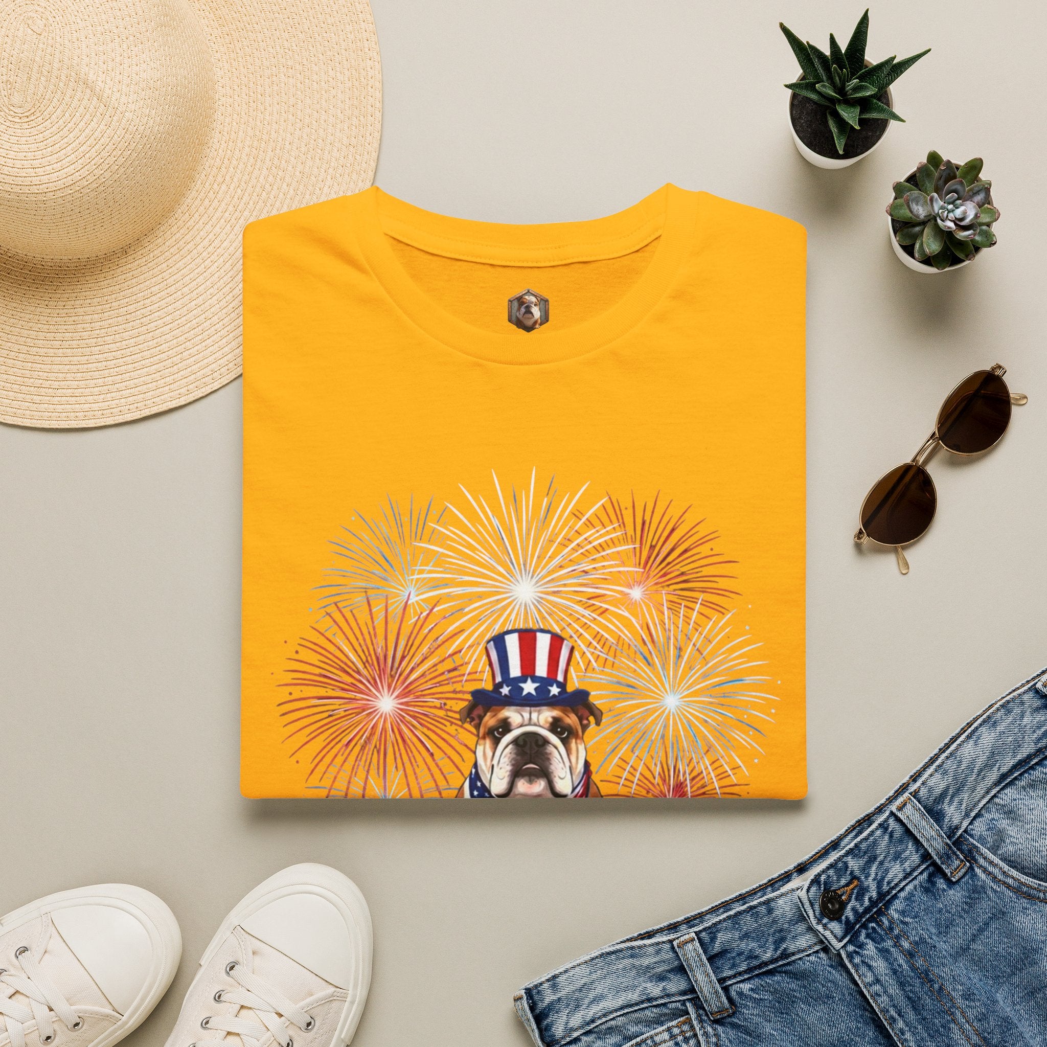 All-American Good Boy Bulldog T-Shirt | Patriotic Fireworks July 4th Tee