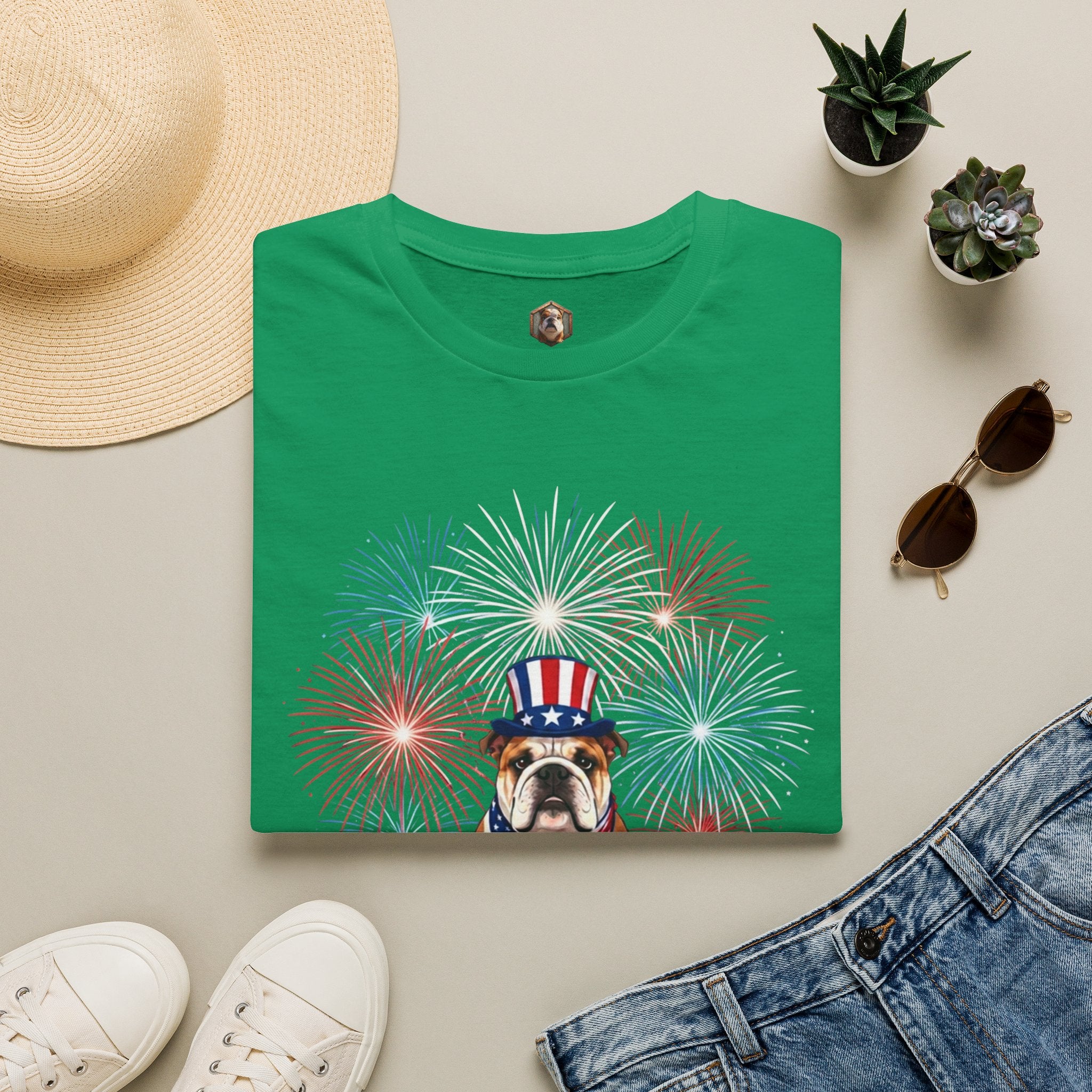 All-American Good Boy Bulldog T-Shirt | Patriotic Fireworks July 4th Tee