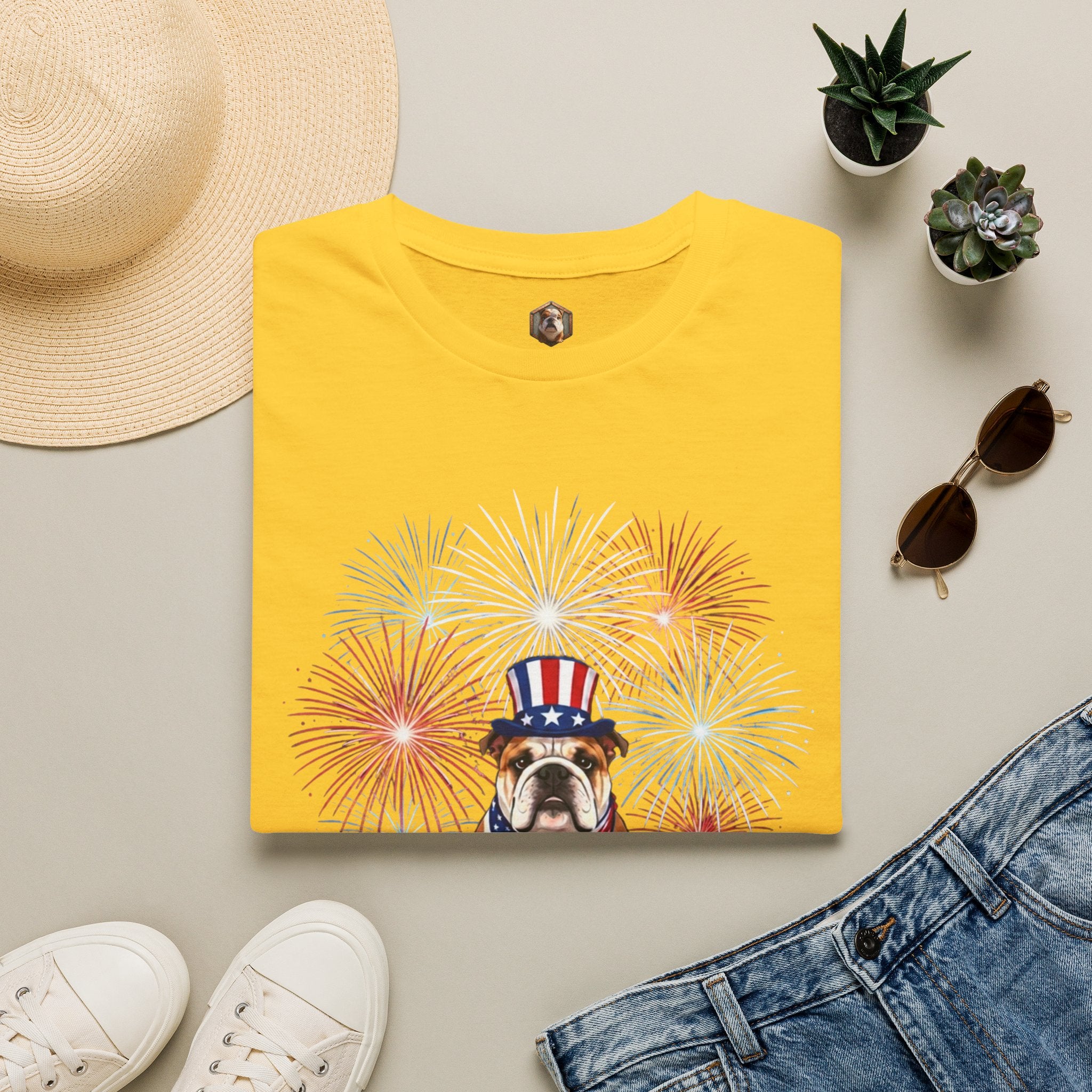 All-American Good Boy Bulldog T-Shirt | Patriotic Fireworks July 4th Tee