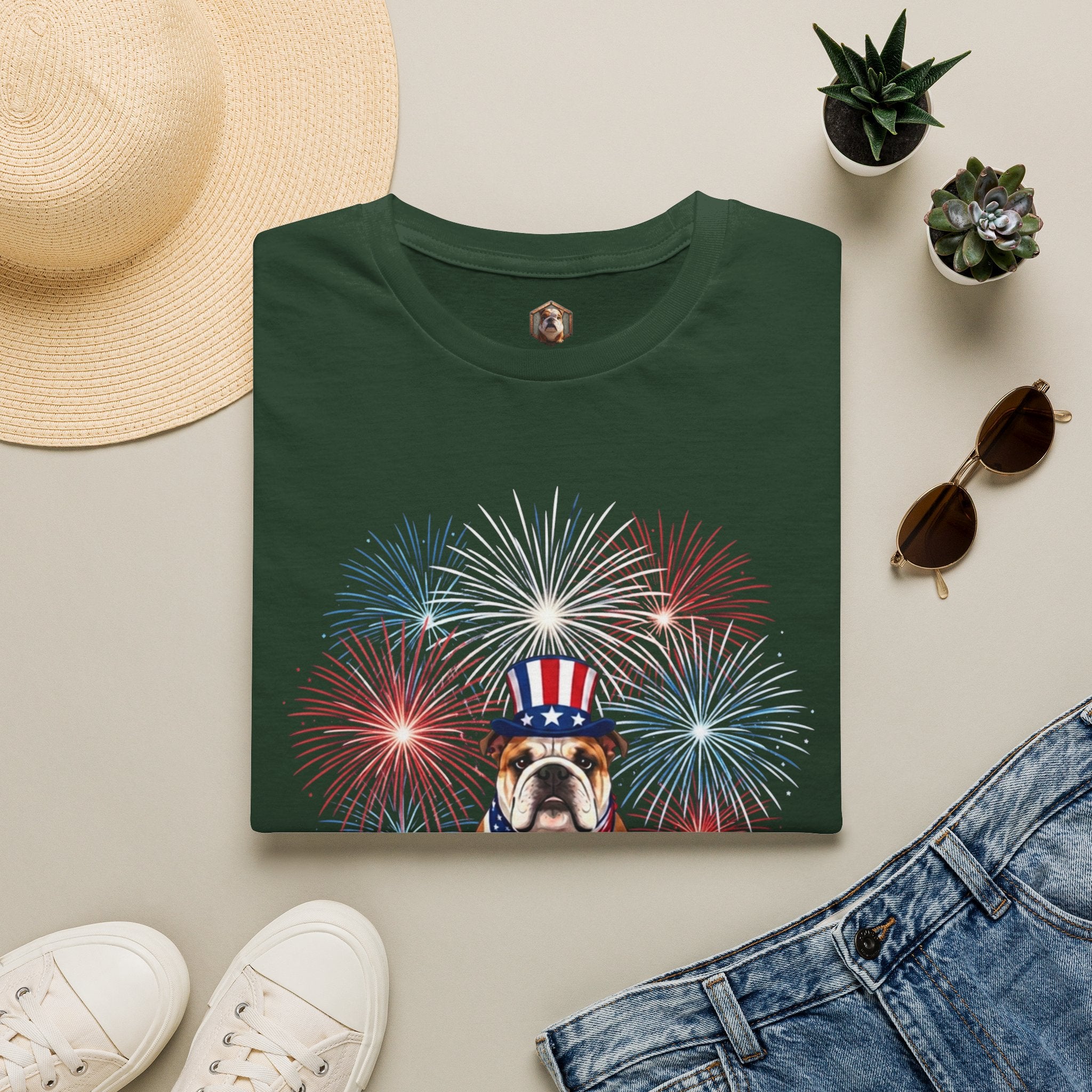 All-American Good Boy Bulldog T-Shirt | Patriotic Fireworks July 4th Tee
