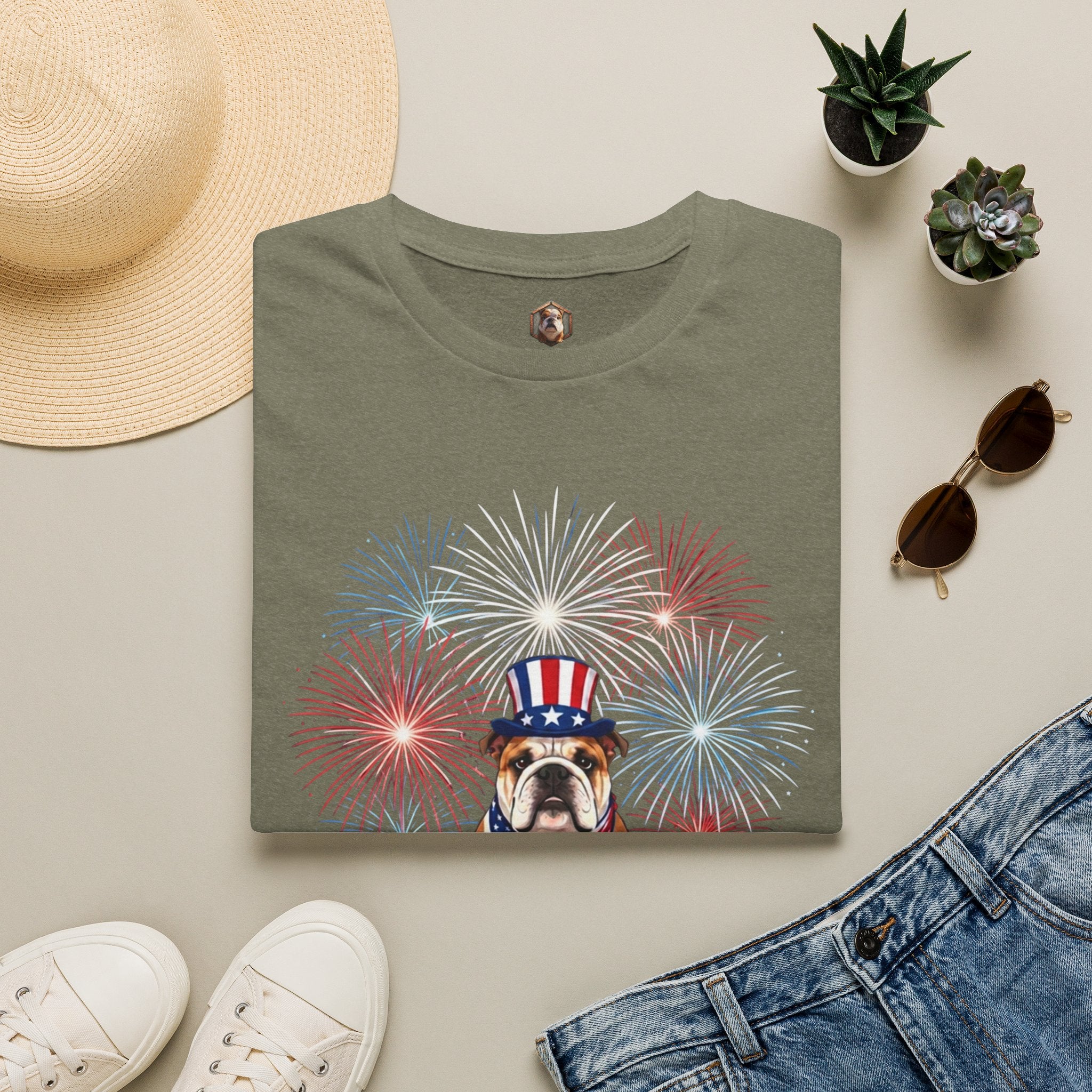 All-American Good Boy Bulldog T-Shirt | Patriotic Fireworks July 4th Tee