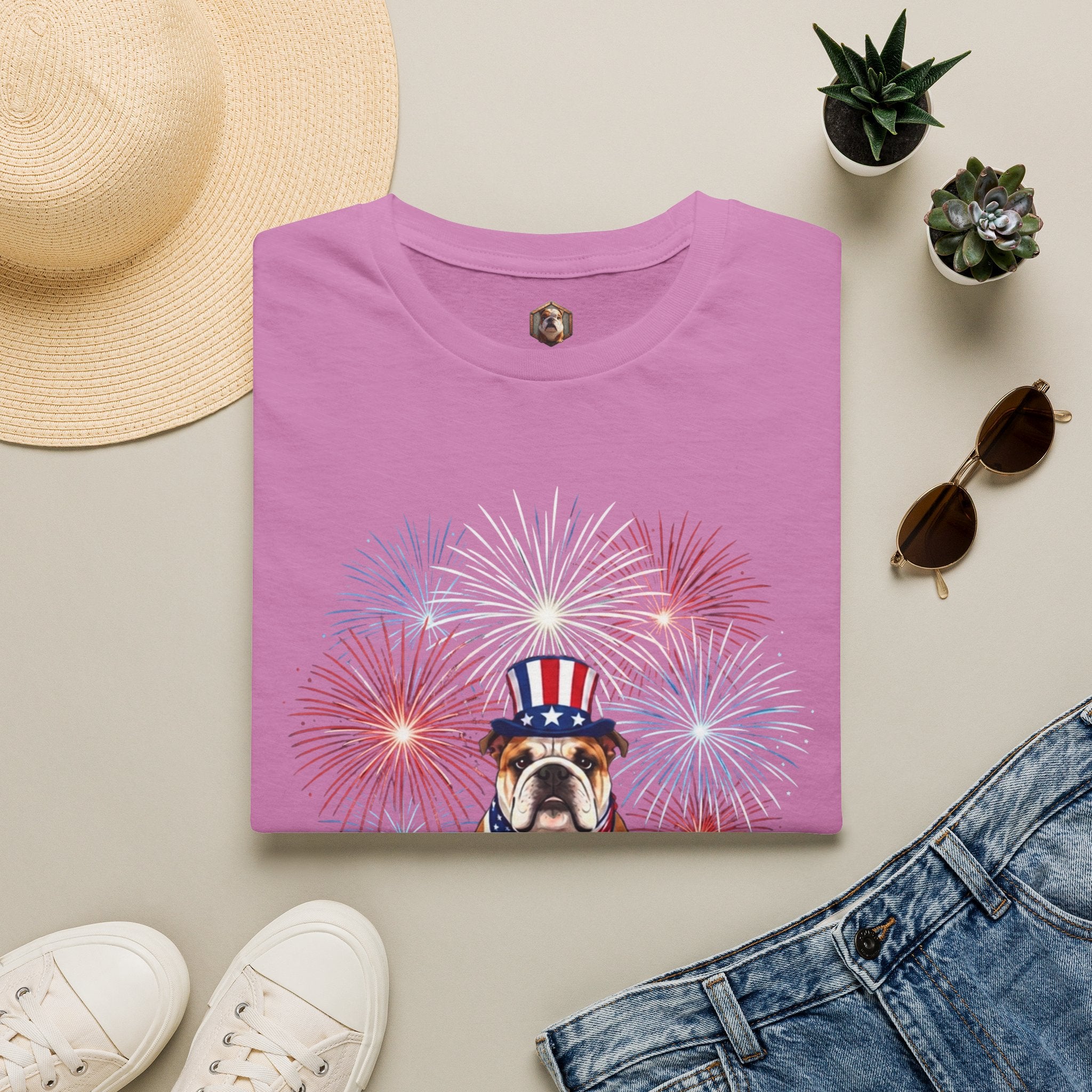 All-American Good Boy Bulldog T-Shirt | Patriotic Fireworks July 4th Tee