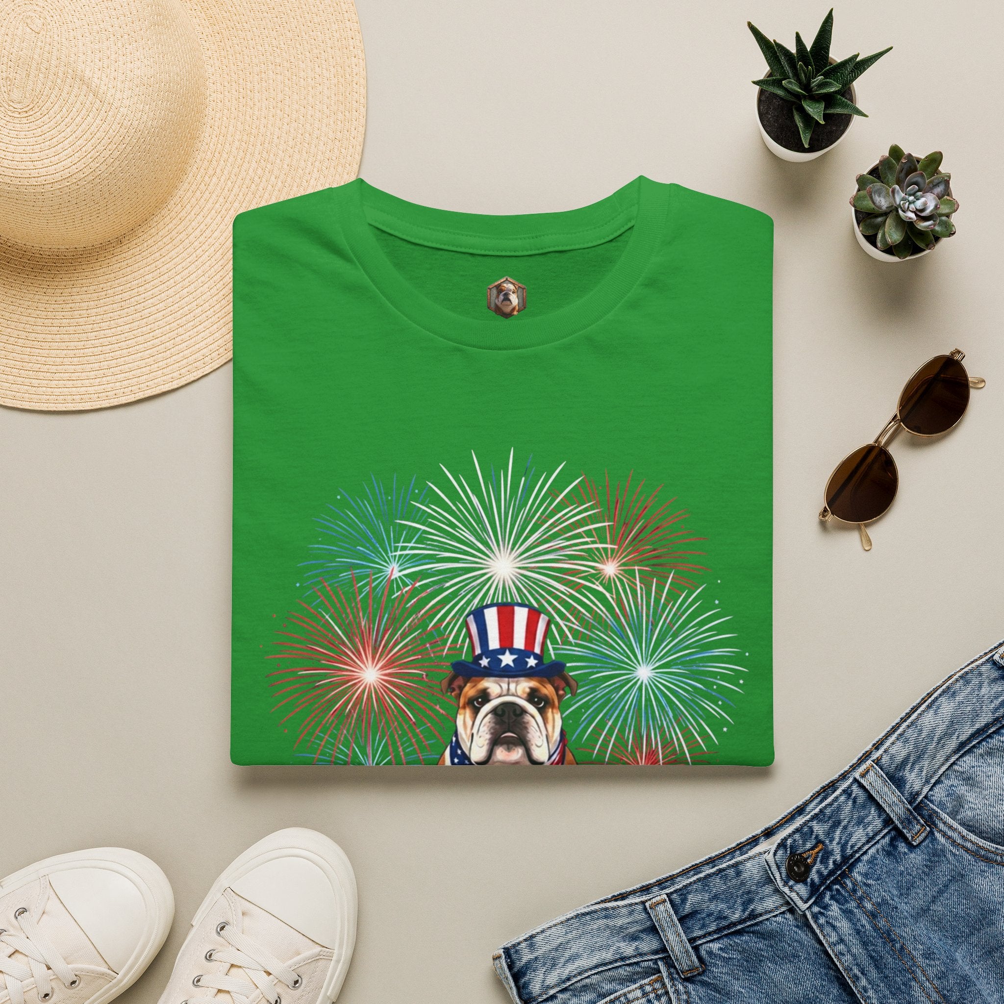 All-American Good Boy Bulldog T-Shirt | Patriotic Fireworks July 4th Tee