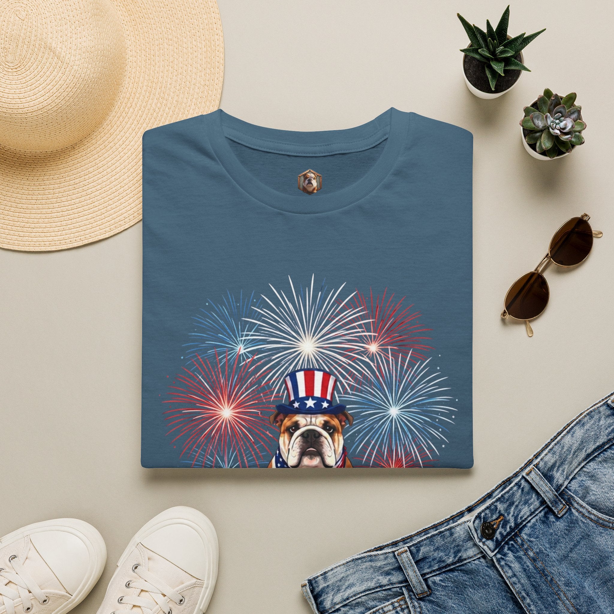 All-American Good Boy Bulldog T-Shirt | Patriotic Fireworks July 4th Tee