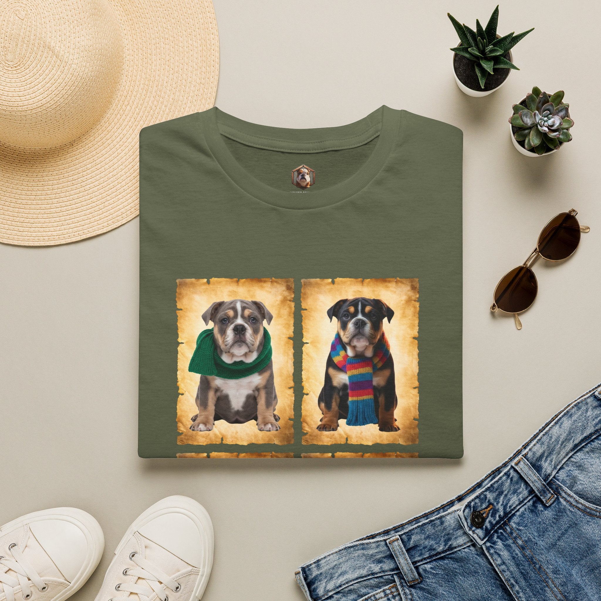 Four Bulldog Puppies in Scarves