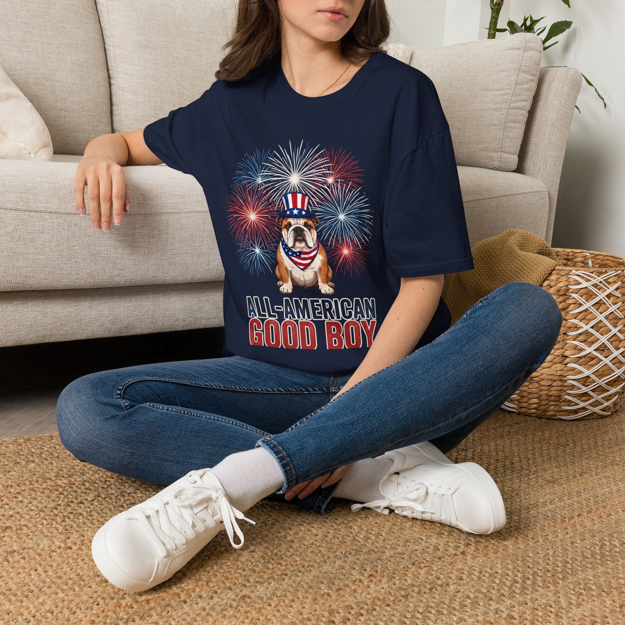 All-American Good Boy Bulldog T-Shirt | Patriotic Fireworks July 4th Tee
