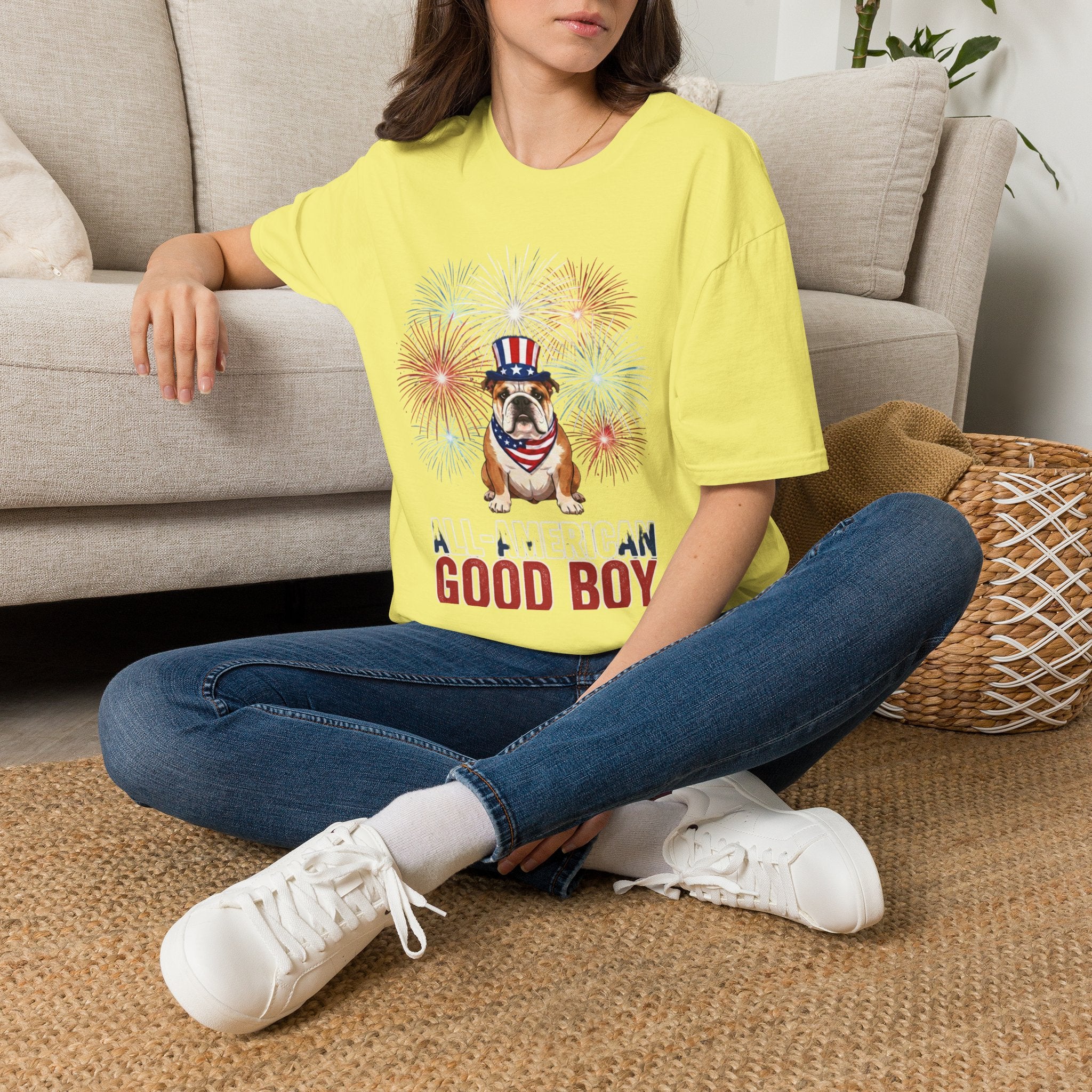 All-American Good Boy Bulldog T-Shirt | Patriotic Fireworks July 4th Tee