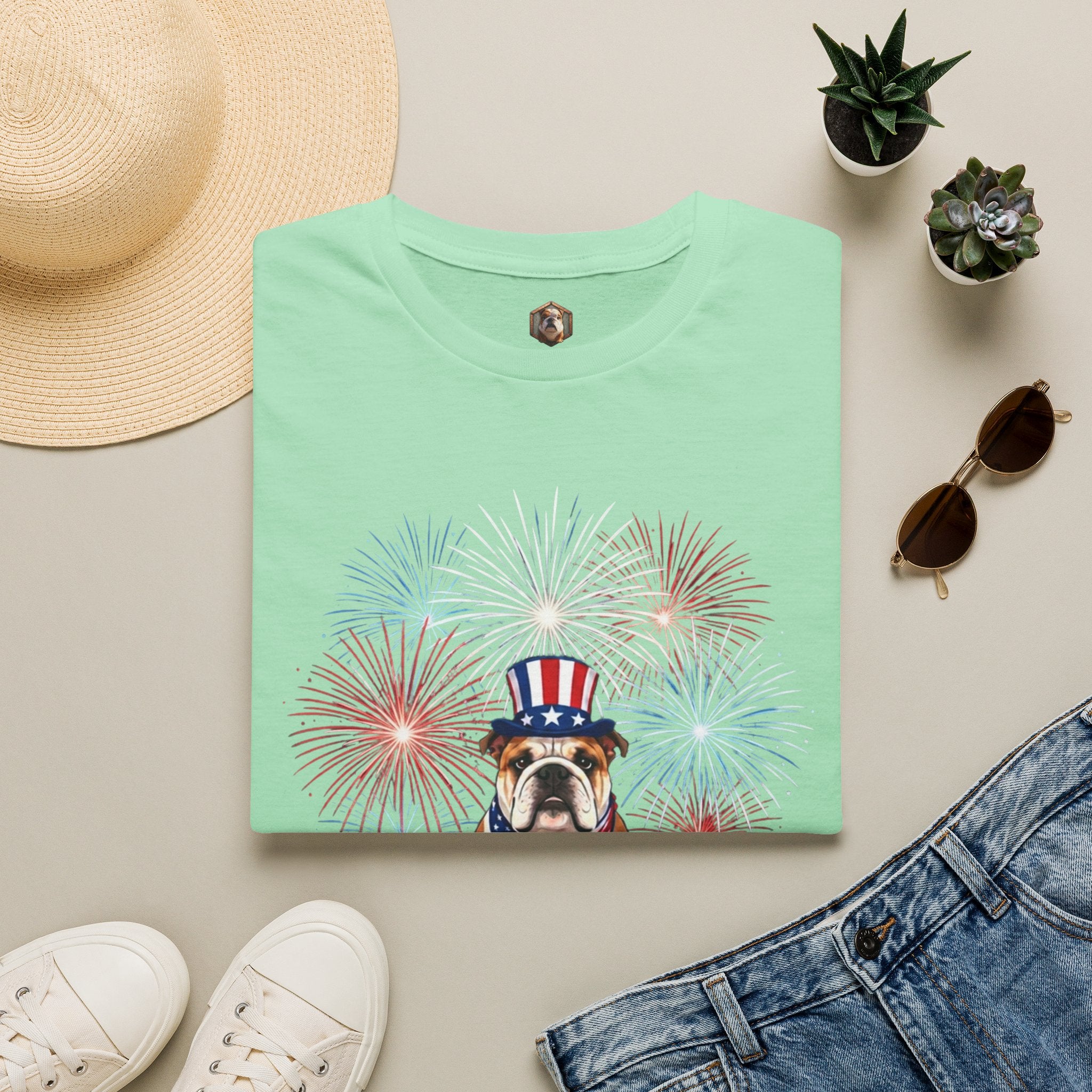 All-American Good Boy Bulldog T-Shirt | Patriotic Fireworks July 4th Tee
