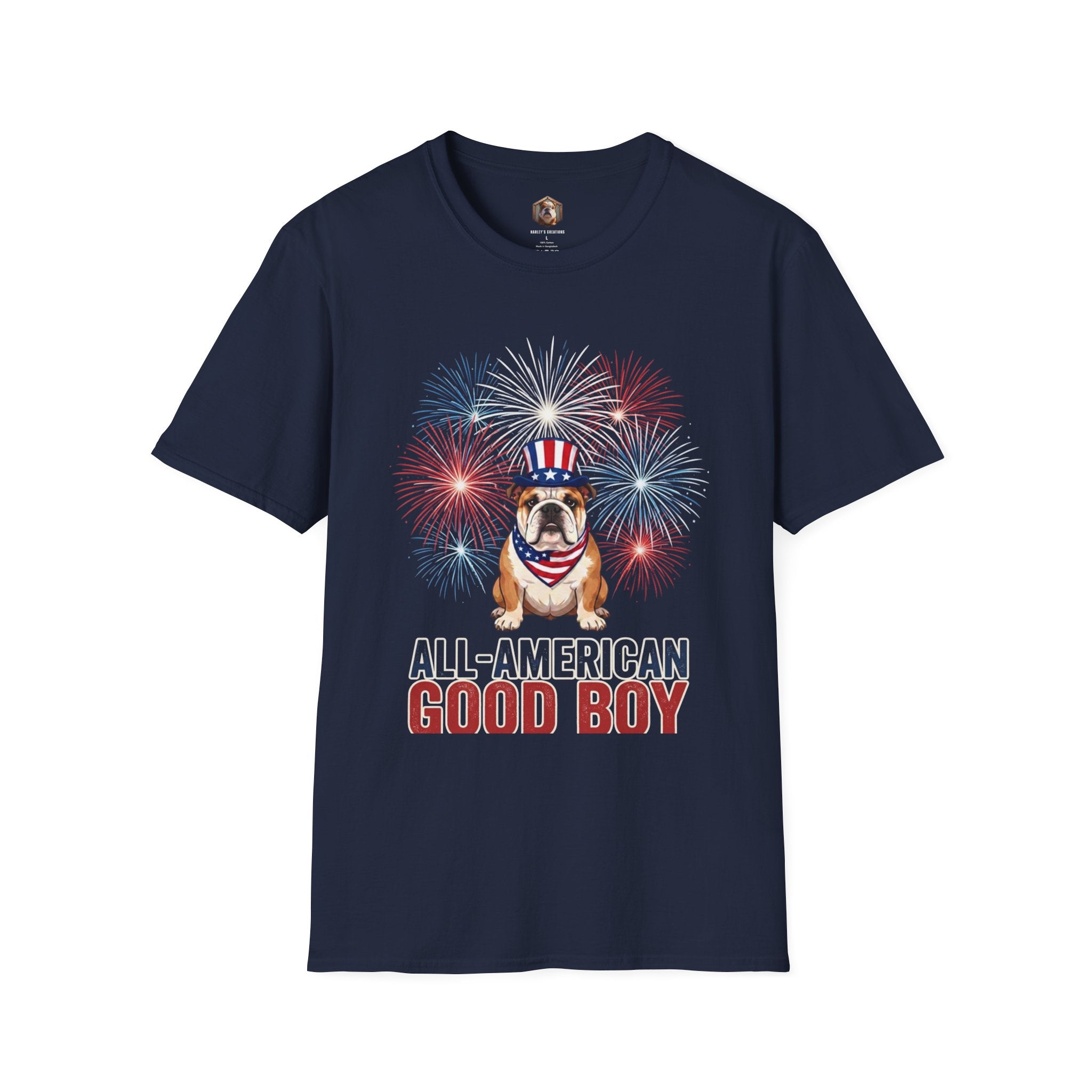 All-American Good Boy Bulldog T-Shirt | Patriotic Fireworks July 4th Tee