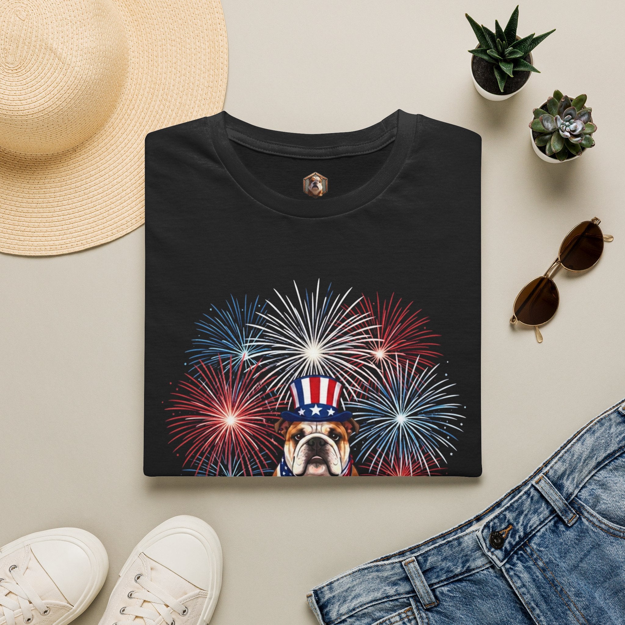All-American Good Boy Bulldog T-Shirt | Patriotic Fireworks July 4th Tee
