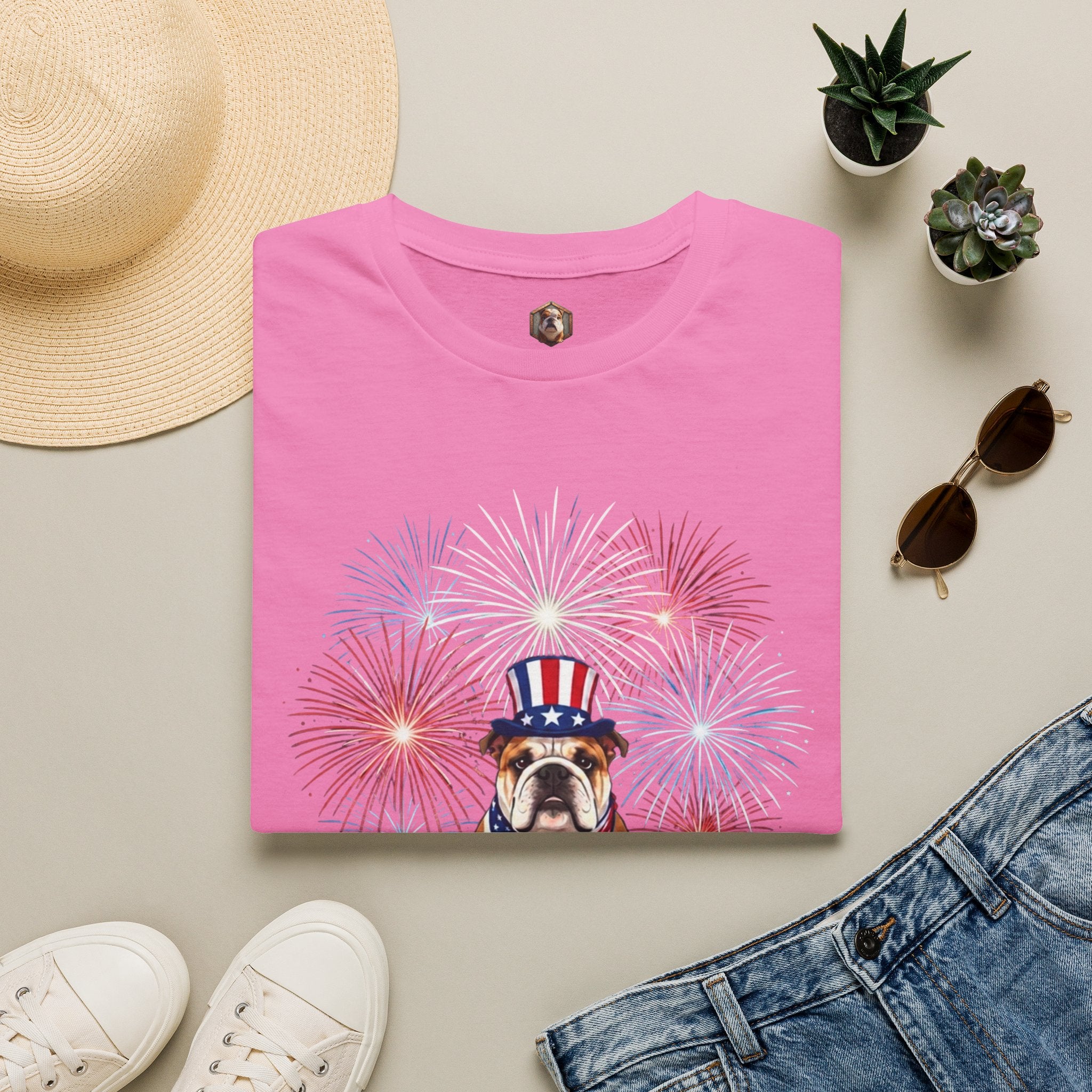 All-American Good Boy Bulldog T-Shirt | Patriotic Fireworks July 4th Tee
