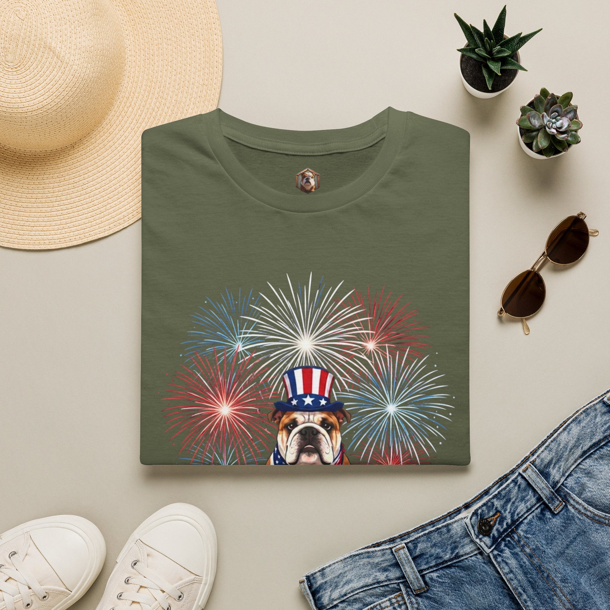 All-American Good Boy Bulldog T-Shirt | Patriotic Fireworks July 4th Tee
