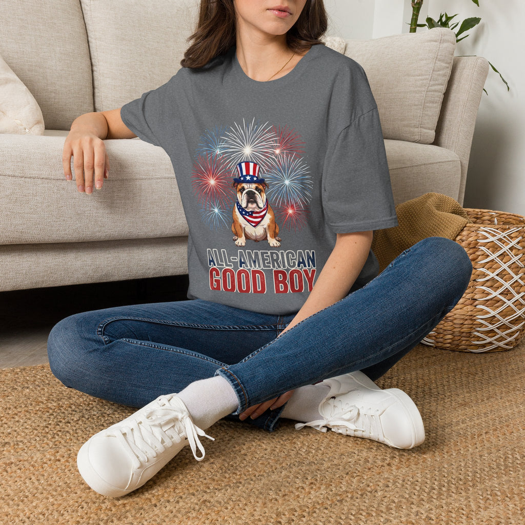 All-American Good Boy Bulldog T-Shirt | Patriotic Fireworks July 4th Tee
