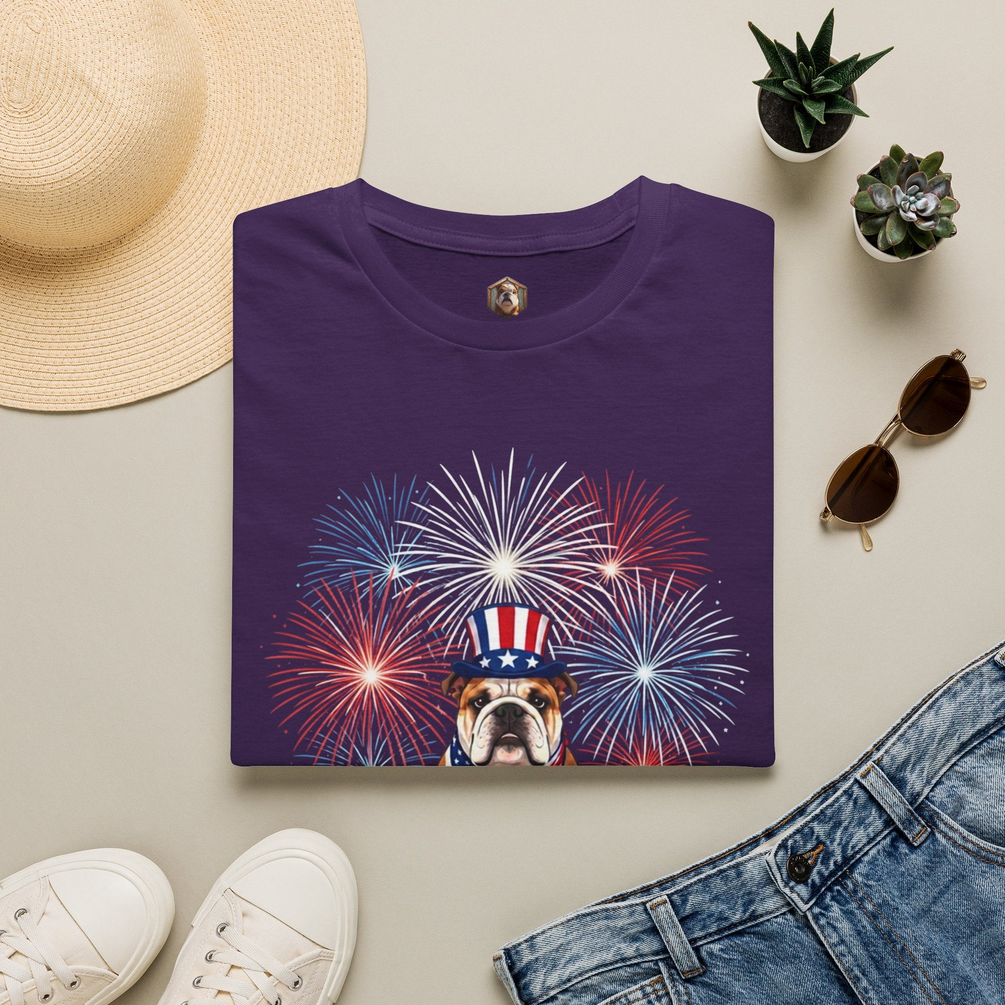 All-American Good Boy Bulldog T-Shirt | Patriotic Fireworks July 4th Tee