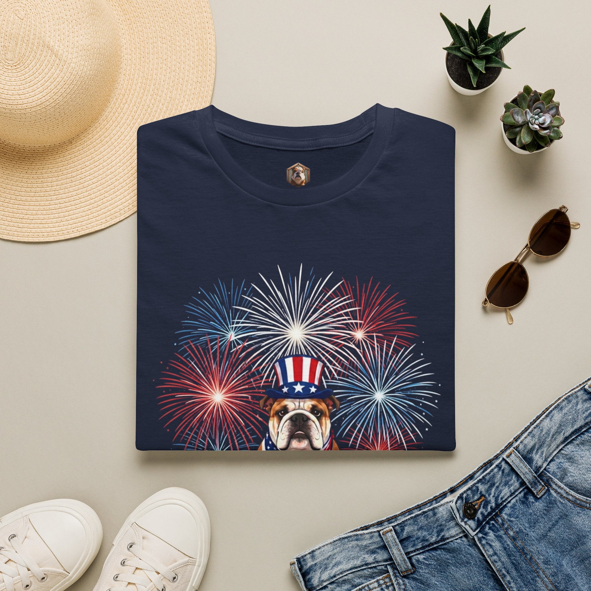 All-American Good Boy Bulldog T-Shirt | Patriotic Fireworks July 4th Tee
