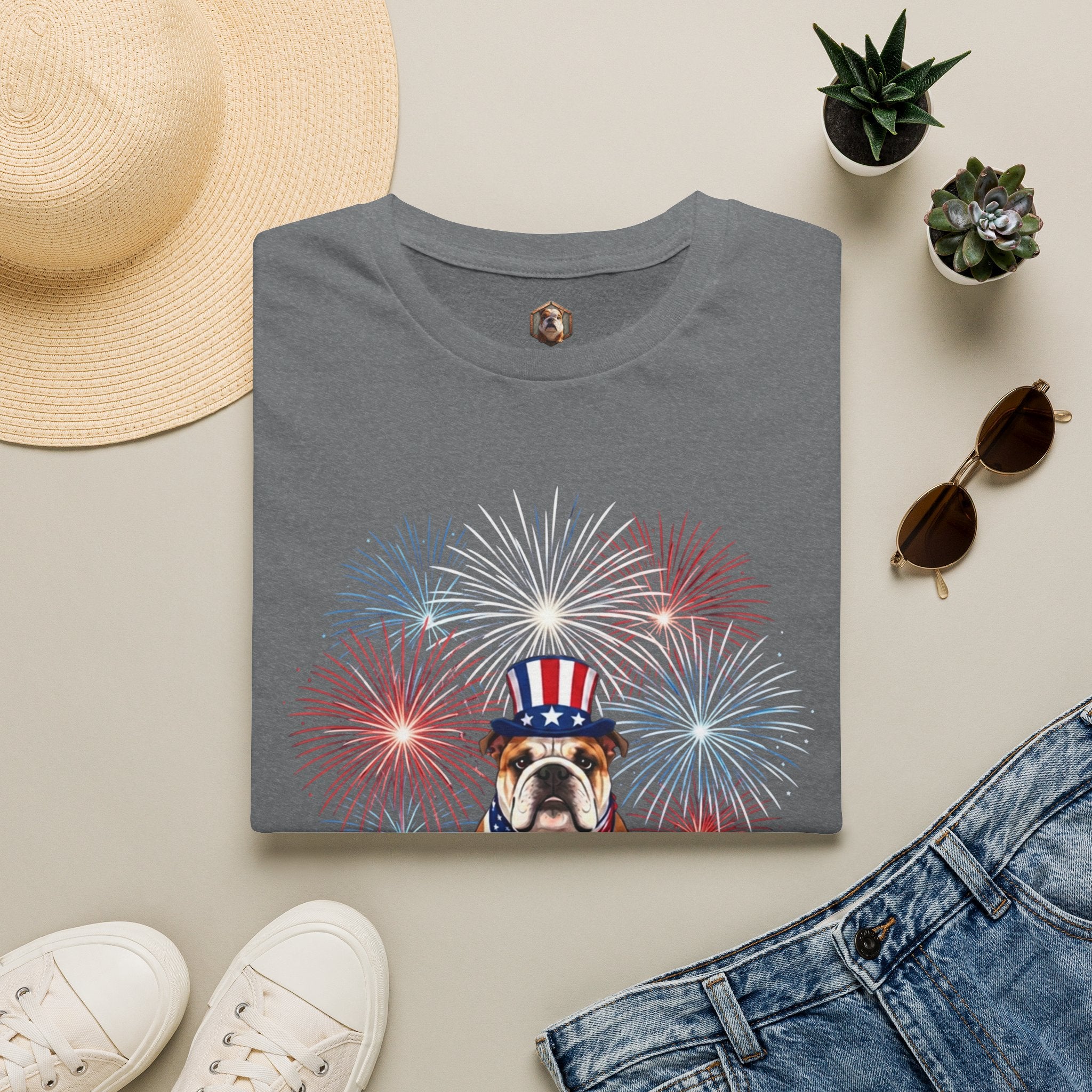 All-American Good Boy Bulldog T-Shirt | Patriotic Fireworks July 4th Tee