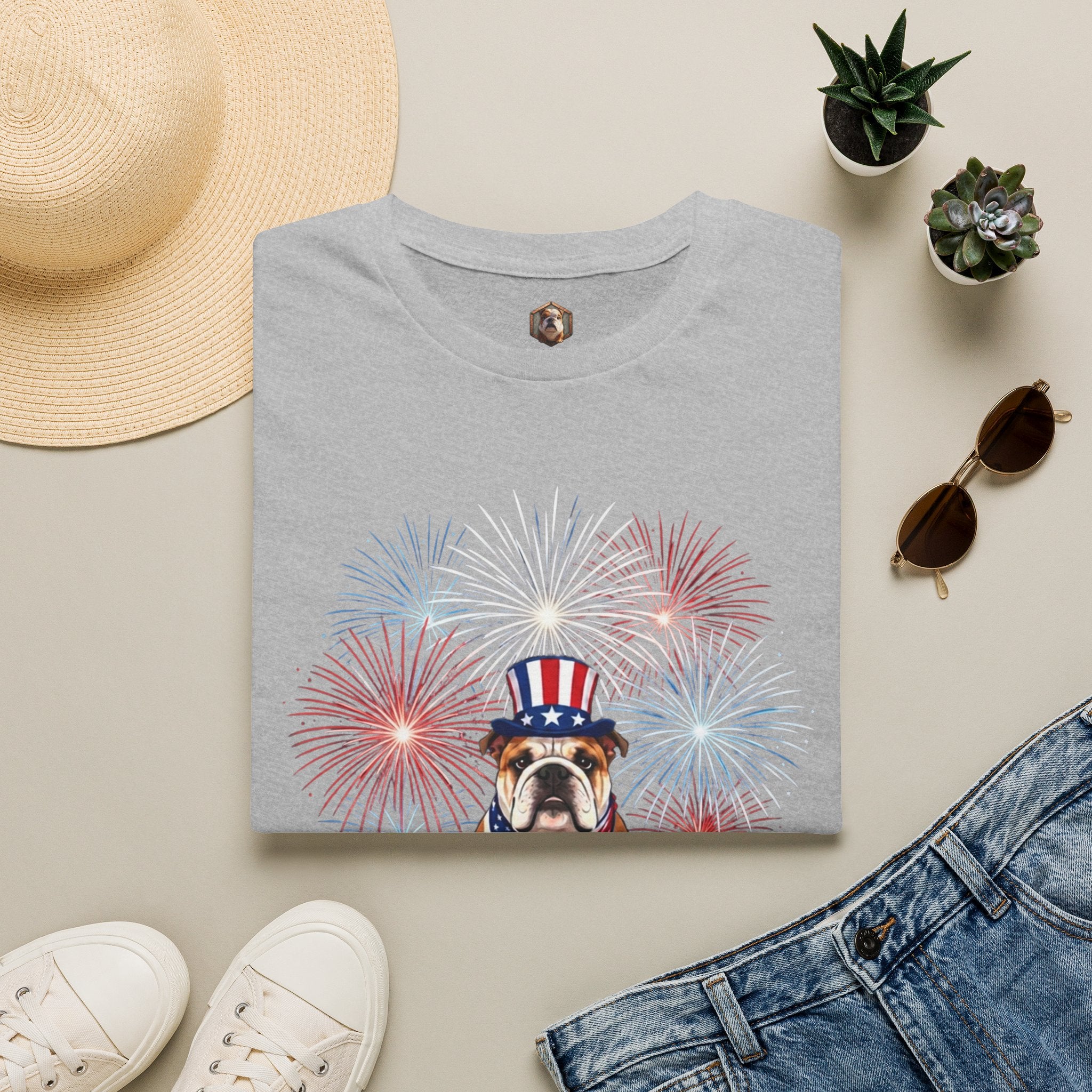 All-American Good Boy Bulldog T-Shirt | Patriotic Fireworks July 4th Tee