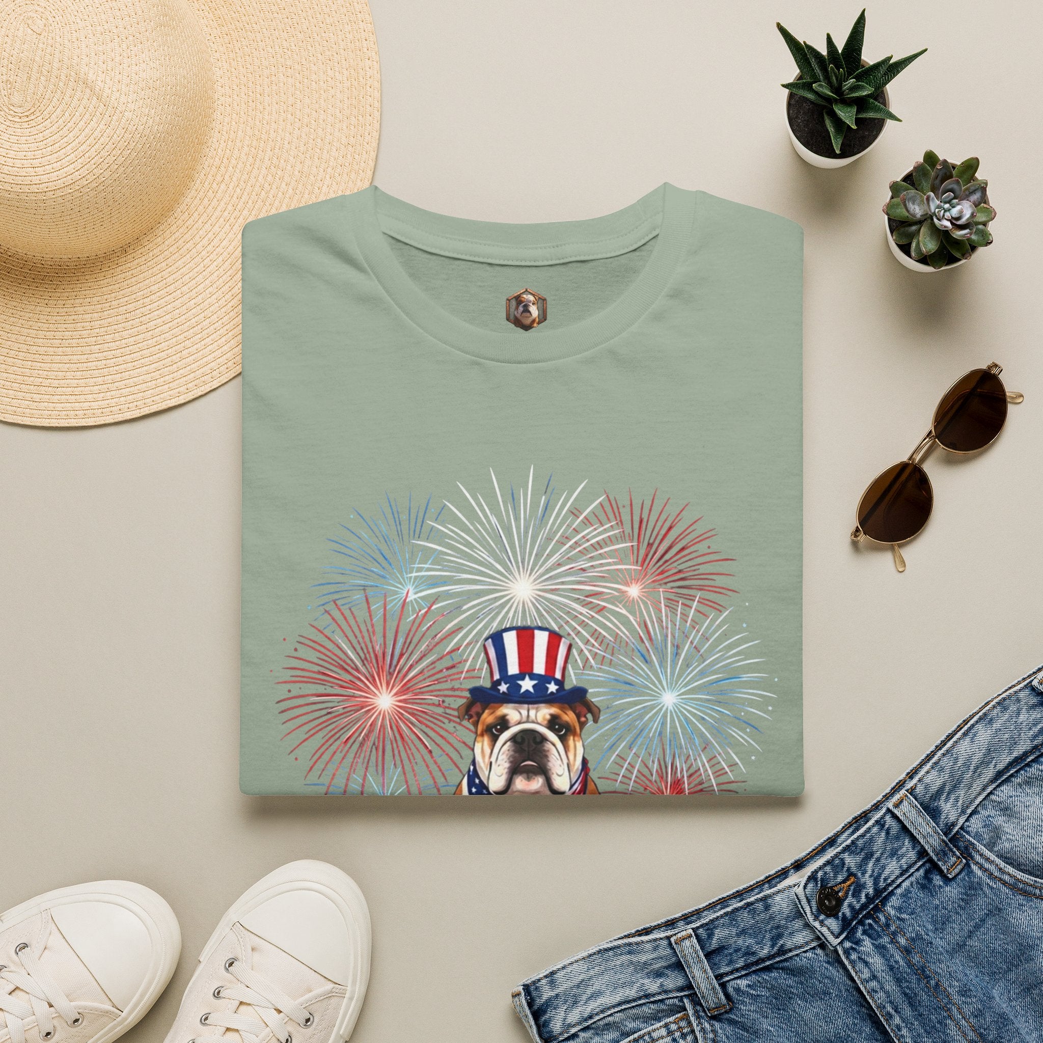 All-American Good Boy Bulldog T-Shirt | Patriotic Fireworks July 4th Tee