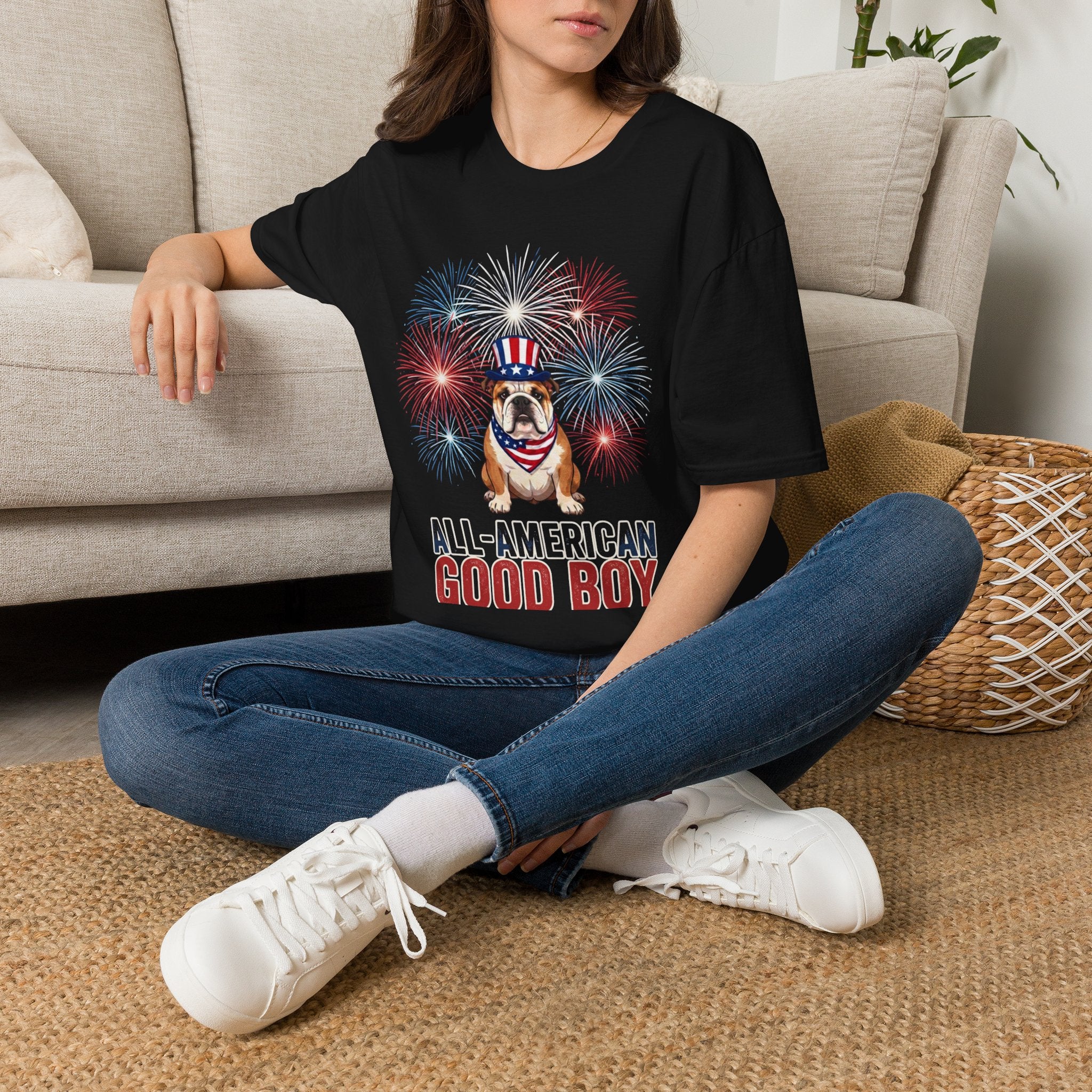 All-American Good Boy Bulldog T-Shirt | Patriotic Fireworks July 4th Tee